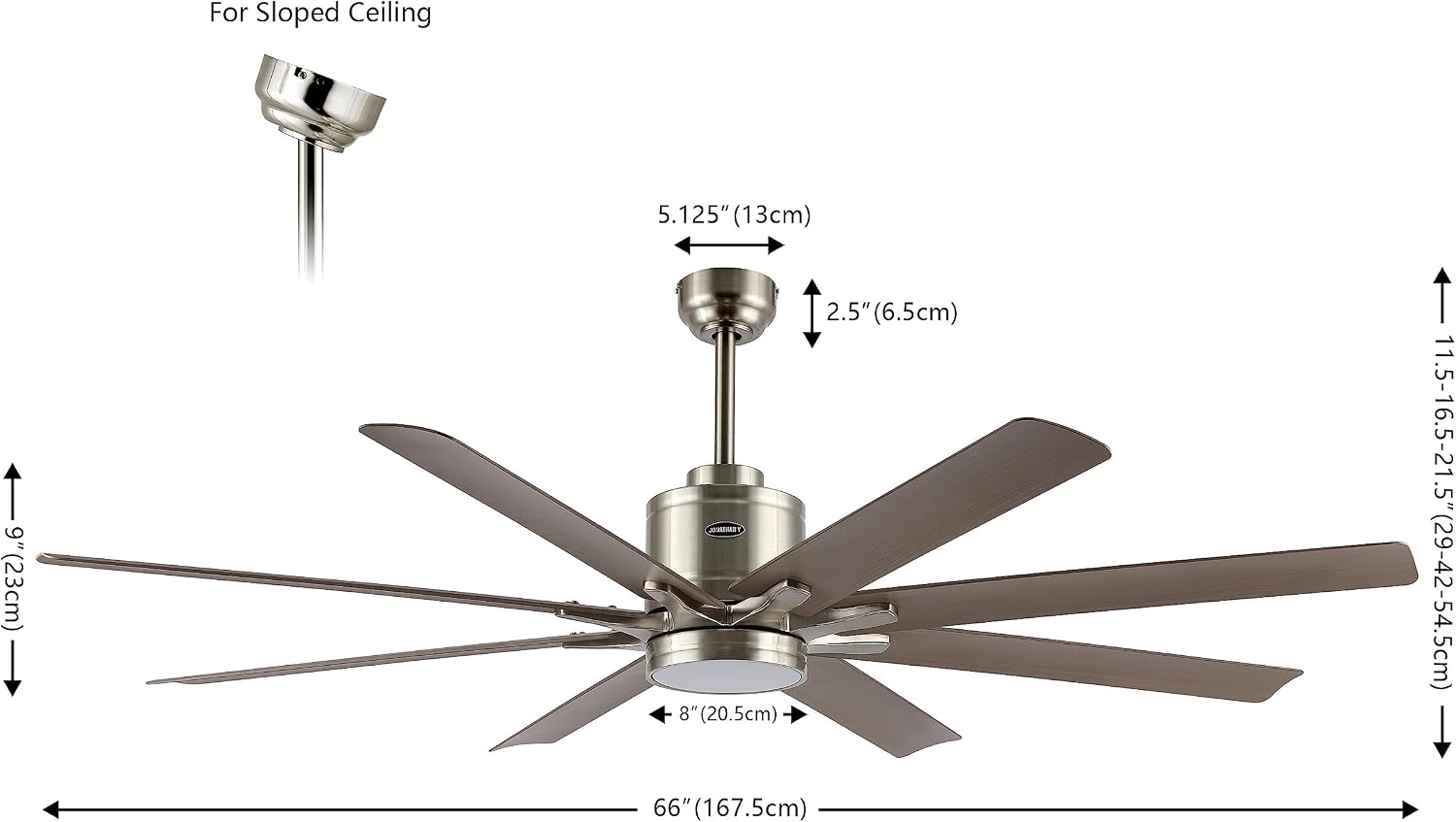 JONATHAN Y 66" Nickel/Gray Wood Finish 1-Light Modern Industrial Ceiling Fan with LED Light, 6-Speed Smart Fan with App and Remote Control, White Acrylic Shade, Large Slope-Compatible Fan JYL9712A