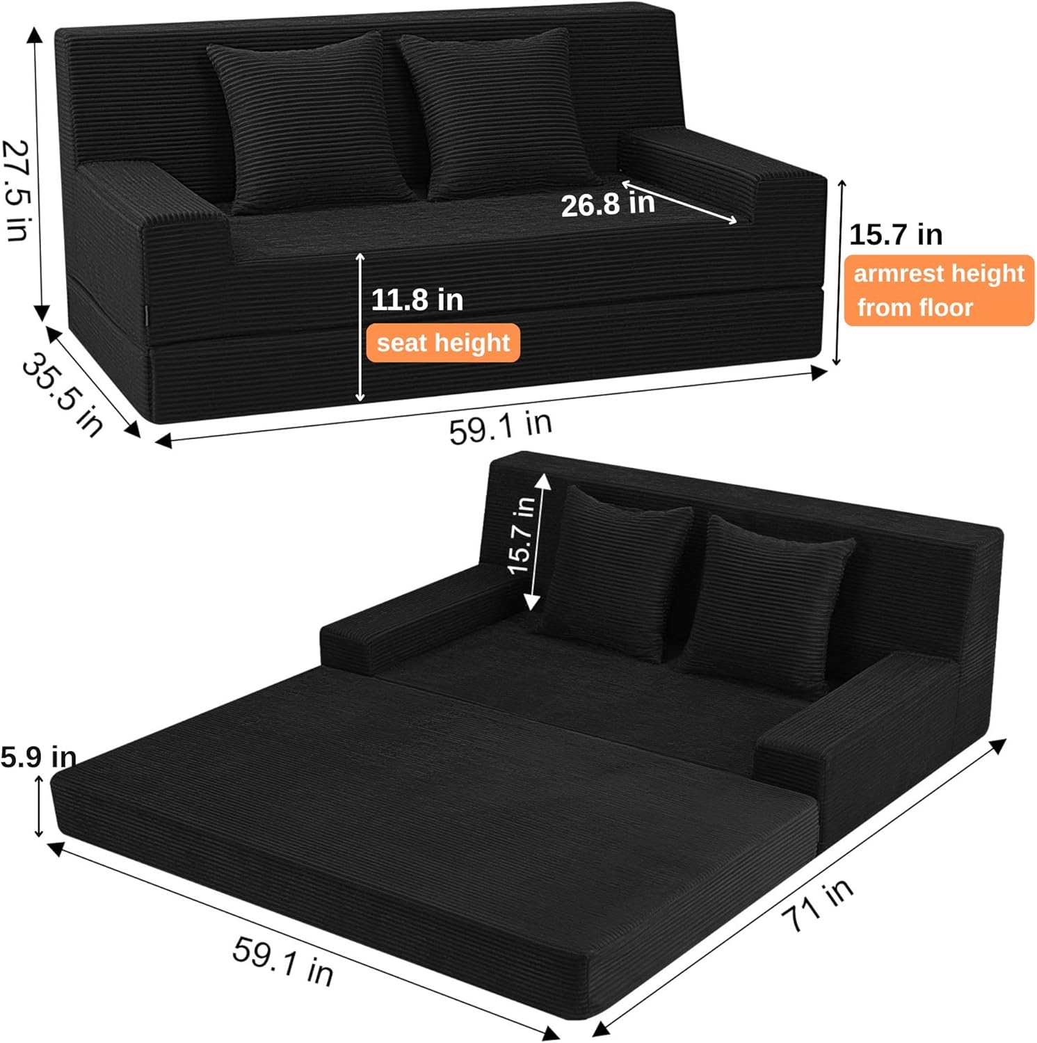 MeMoreCool Boneless Folding Sofa Bed Queen – Corduroy Convertible Futon Couch, 2-in-1 Floor Sleeper with Foam Support, Detachable Pillow & Washable Cover for Living Room, Guest Room, Apartment