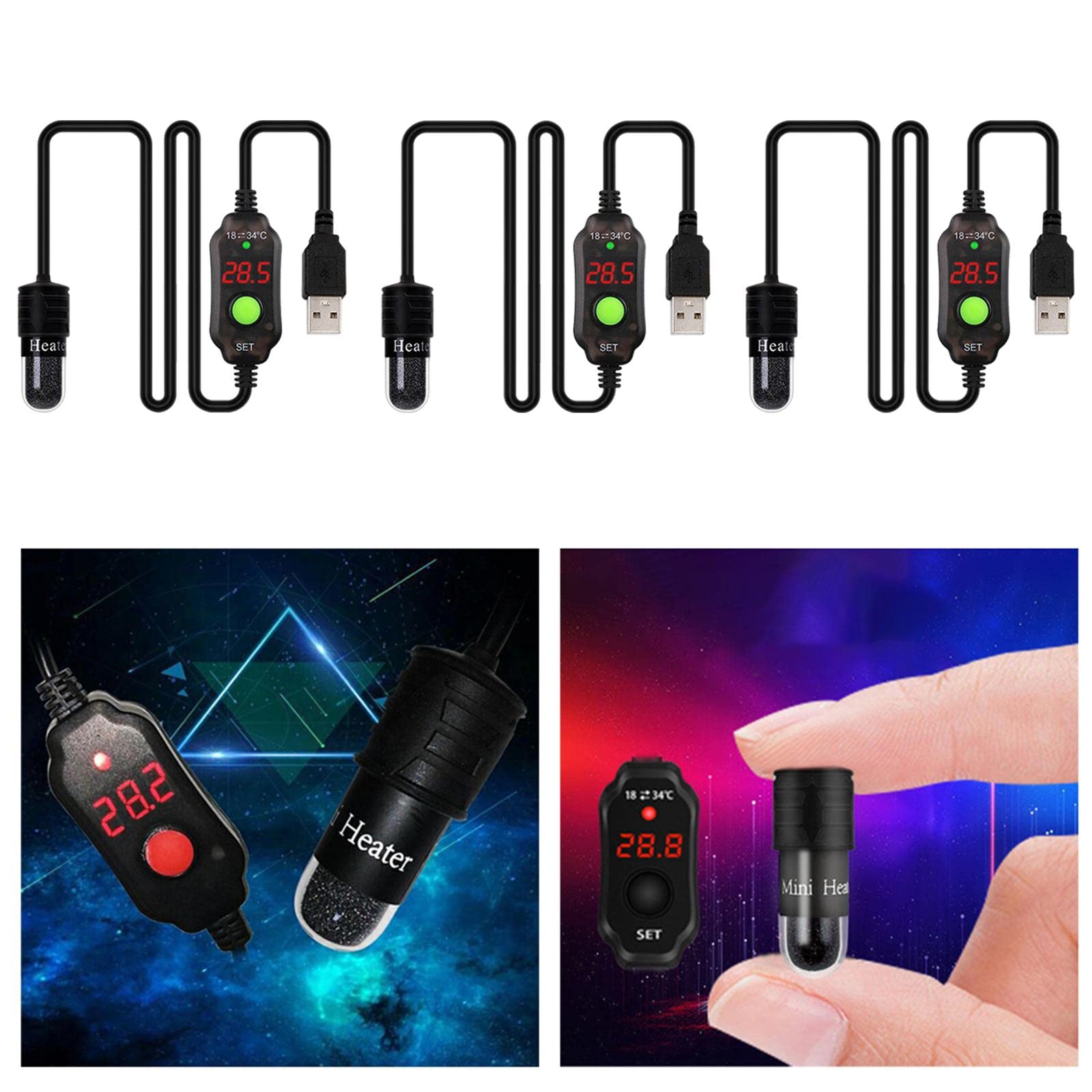 3X Calentador de Acuario Varilla Termostato Sumergible Controlador de Temperatura Ajustable USB Pantalla LED Digital Material Nichrome Protección de