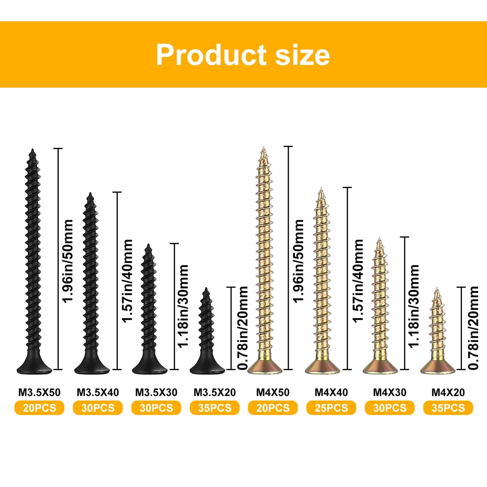 225-Piece M3.5 & M4 Screw Assortment Kit – Self-Tapping Wood Screws, Flat Head, For Drywall, Chipboard, Masonry, Doors & DIY Projects