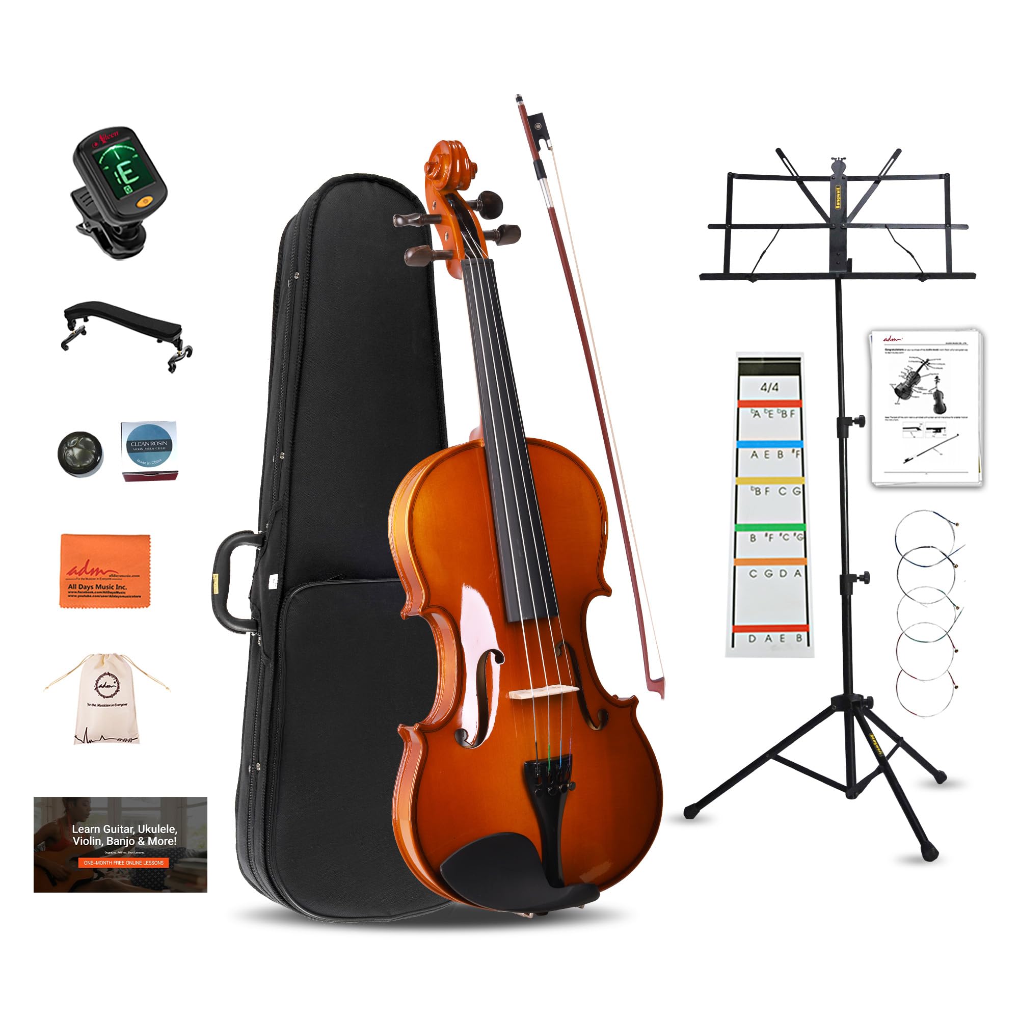 ADM Violino acustico per principianti 4/4, set di violino in legno massello di ebano, per adulti, adolescenti, studenti, starter kit con custodia rigida, spalliera, arco, leggio musicale, corde