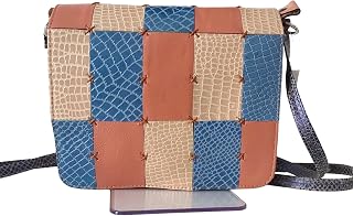 Bolsa Feminina em Couro Legítimo - Mosaico tons pastéis - Aba fechamento magnético