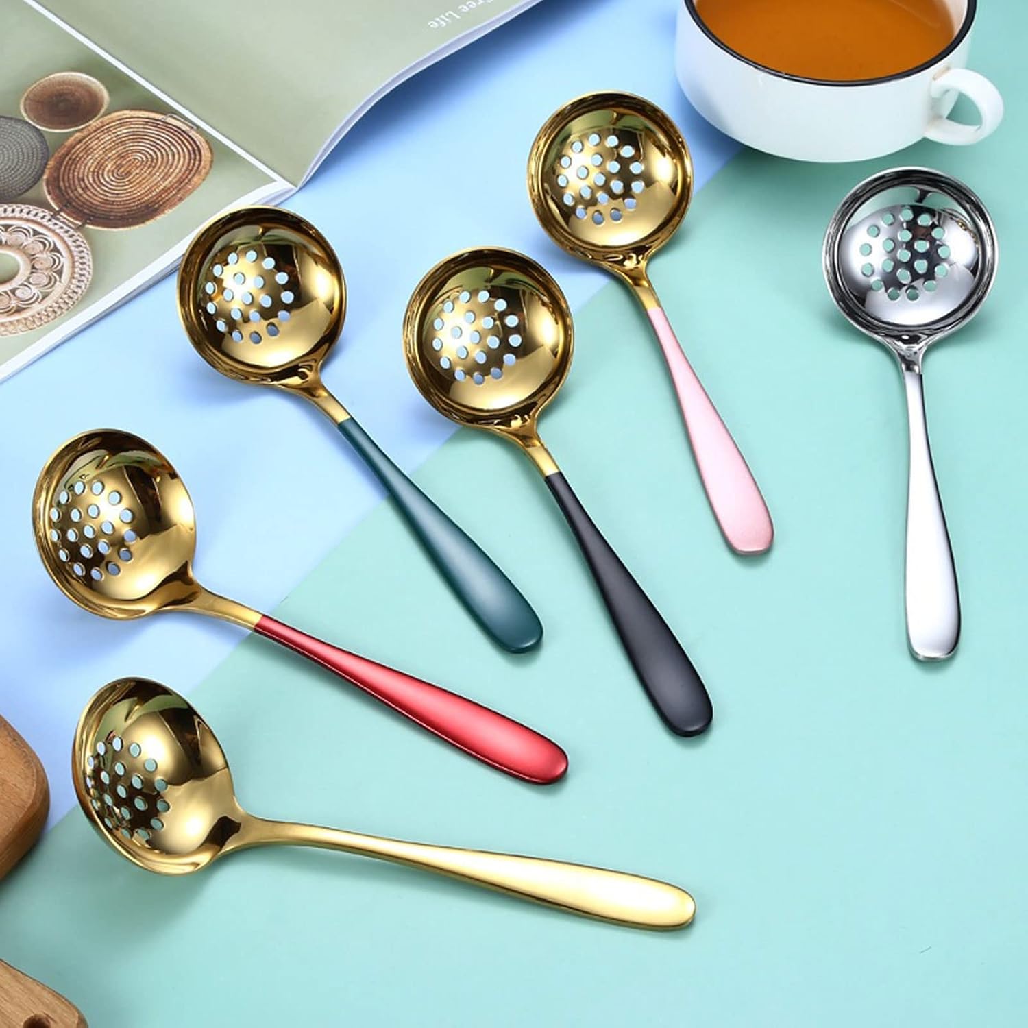 Serving Tablespoons Stainless Steel Spoons Long Handle Cooking Colander Gold Soup Spoon Strainer Scoop for Kitchen Dinner Tableware(Blue)