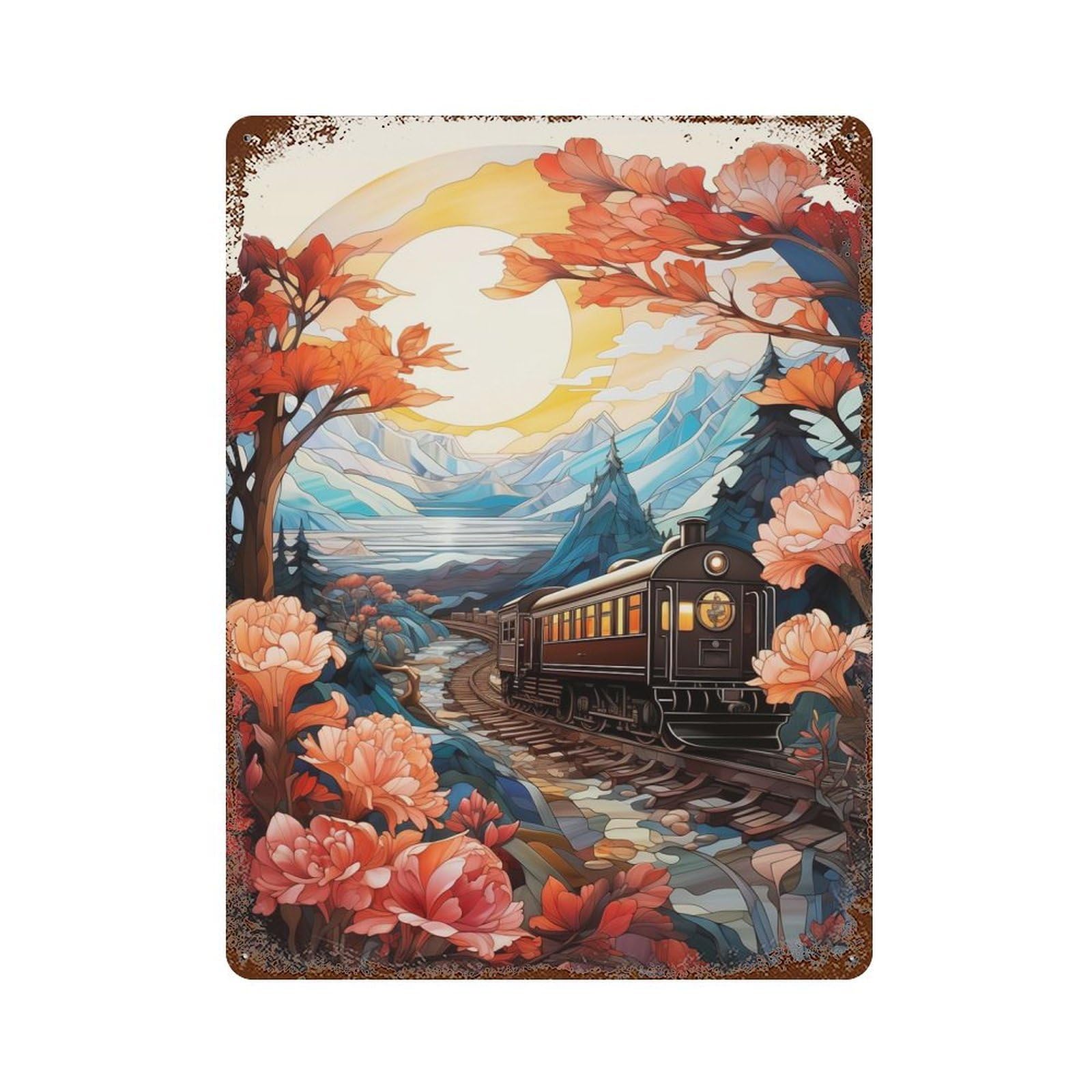 Spring Train Aged Metal Wall Plaque 15.7"x11.8", for Living Room, Hallway And Home Decor, Shabby Chic Decor