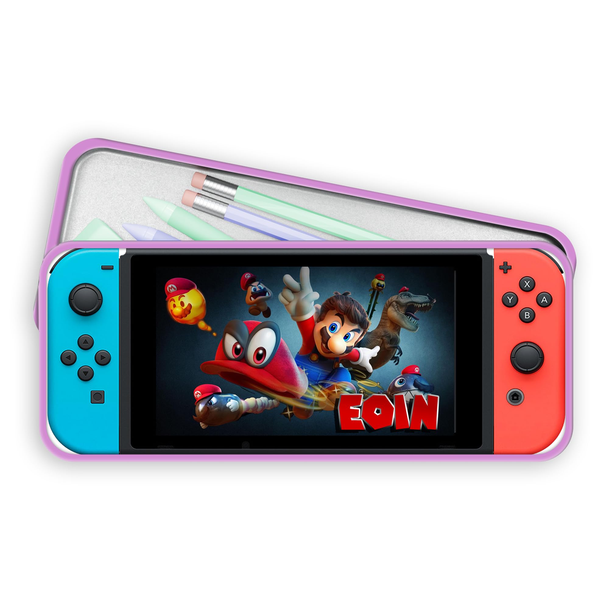 Print Maniacs Personalised Nintendo Switch Game Tin Pencil Case Back to School Kids Tidy Stationary Organizer Mario (Red and Blue Image, Pink Case)