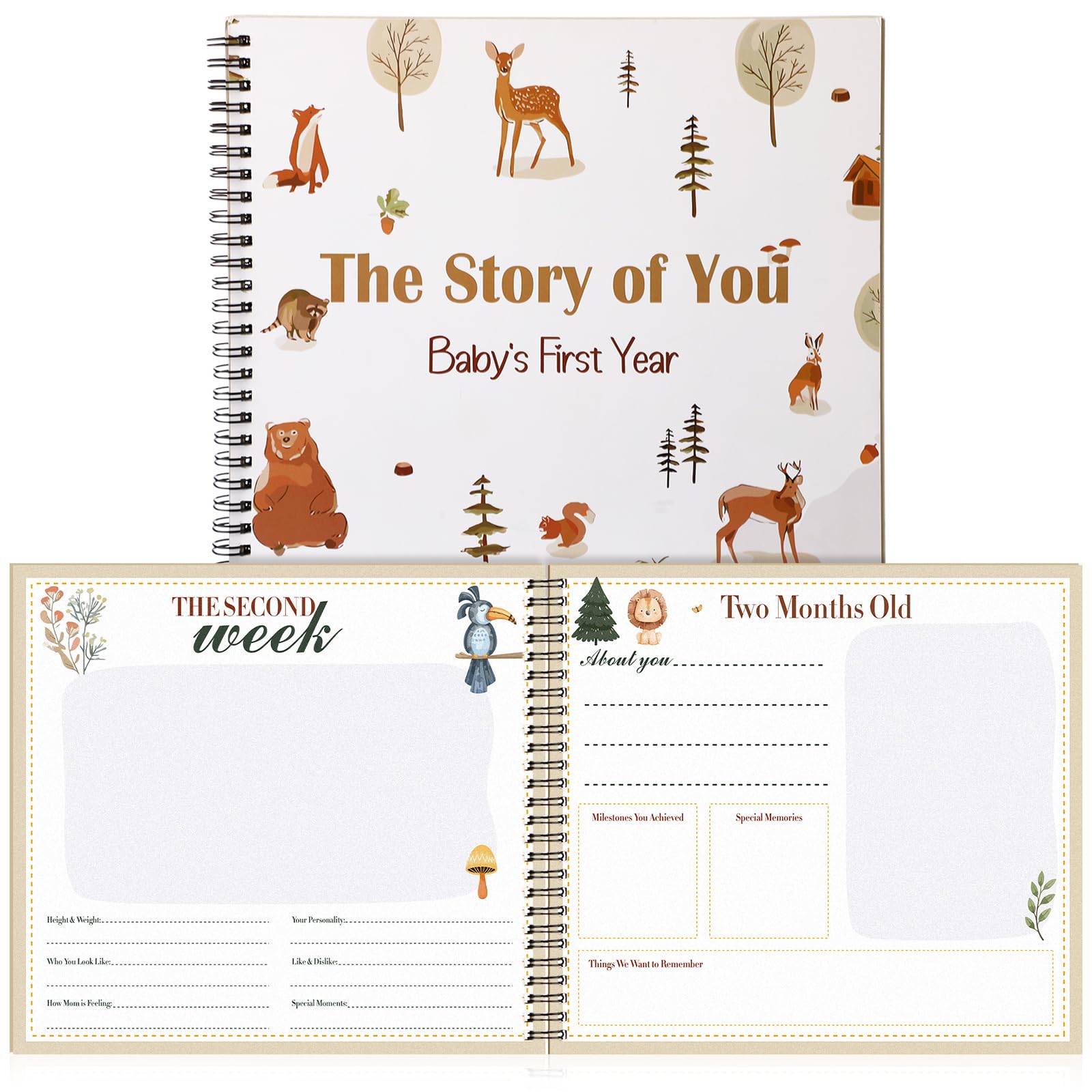 Motiskyy 32-seitiges Baby-Erinnerungsbuch mit 8 Taschen, Woodland the Story of You, Babybuch für einen Meilenstein-Scrapbook zum Aufzeichnen von der Geburt bis zum Alter von 1 Jahr