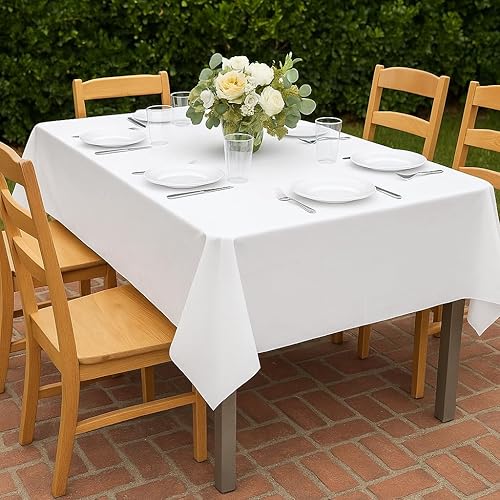 Miniatura 3 de Oojami Manteles desechables de plástico blancos  Paquete de 4, 54 x 108 pulgadas, impermeables, manteles rectangulares para fiestas, bodas, baby
