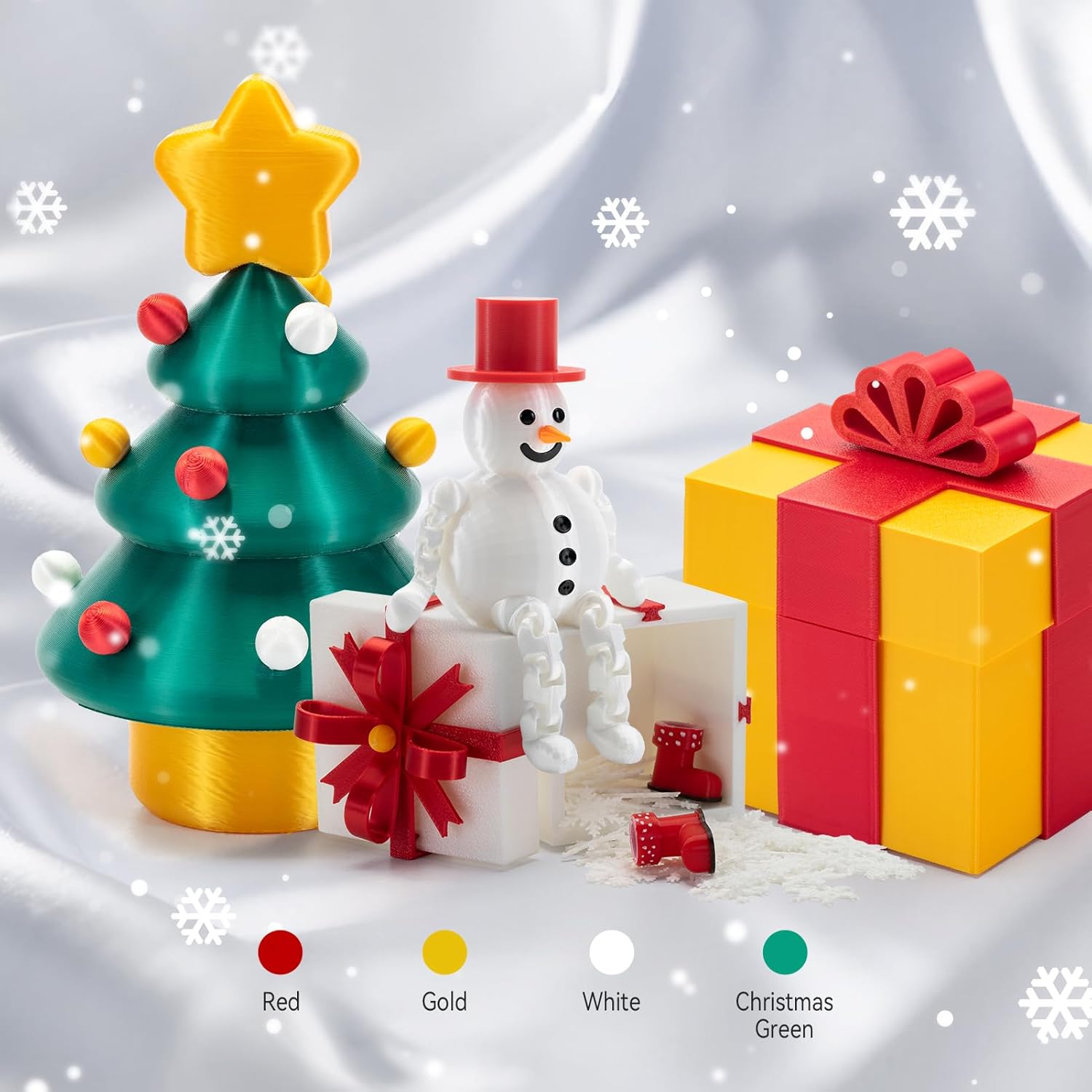 Christmas Silk PLA Filament Bundle, 3D Printer Filament 1.75mm Multicolor Christmas Pack -White, Gold, Green, Red, Creating Christmas Ornaments, or DIY Christmas Gifts, 200g x 4 Spools - Image 2