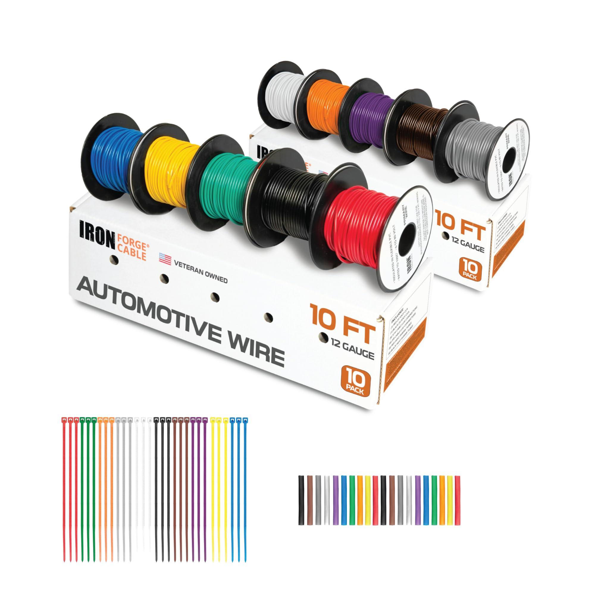 Iron Forge Cable 100 ft 12 Gauge Wire - 10 Roll Assortment Pack Automotive Wiring Kit with Dispenser Box - 10ft Stranded Copper Clad Primary Cable per