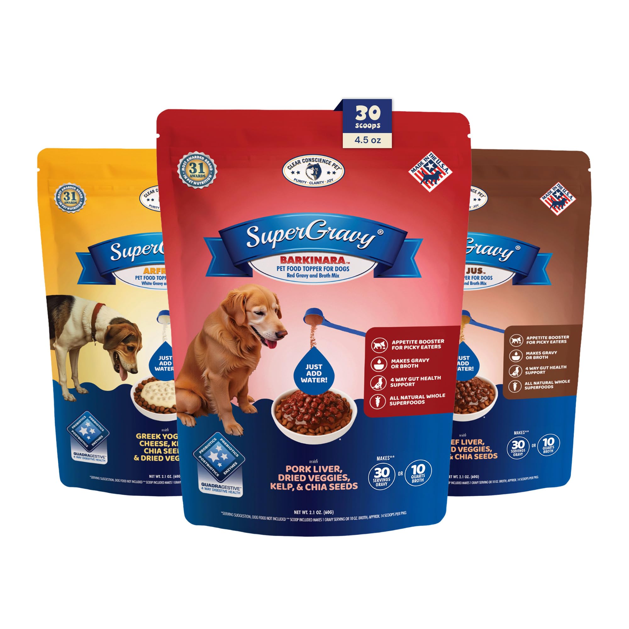 CLEAR CONSCIENCE PET® Original Trio- 30-Scoop Bags™ SuperGravy® Natural Dog Food Gravy Topper, Hydration Broth Mix, Gluten and Grain Free Kibble