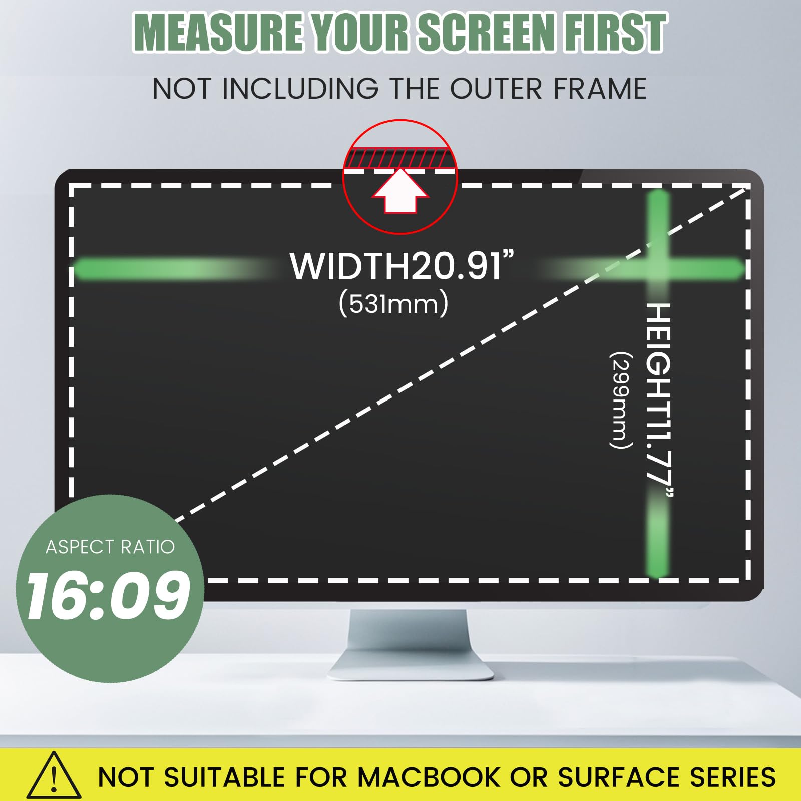 Filtro privacy per computer, 24 pollici 16:9 protezione dello schermo rimovibile per la privacy, protezione schermo HD anti-luce blu e antiriflesso, larghezza x altezza 531 mm x 299 mm