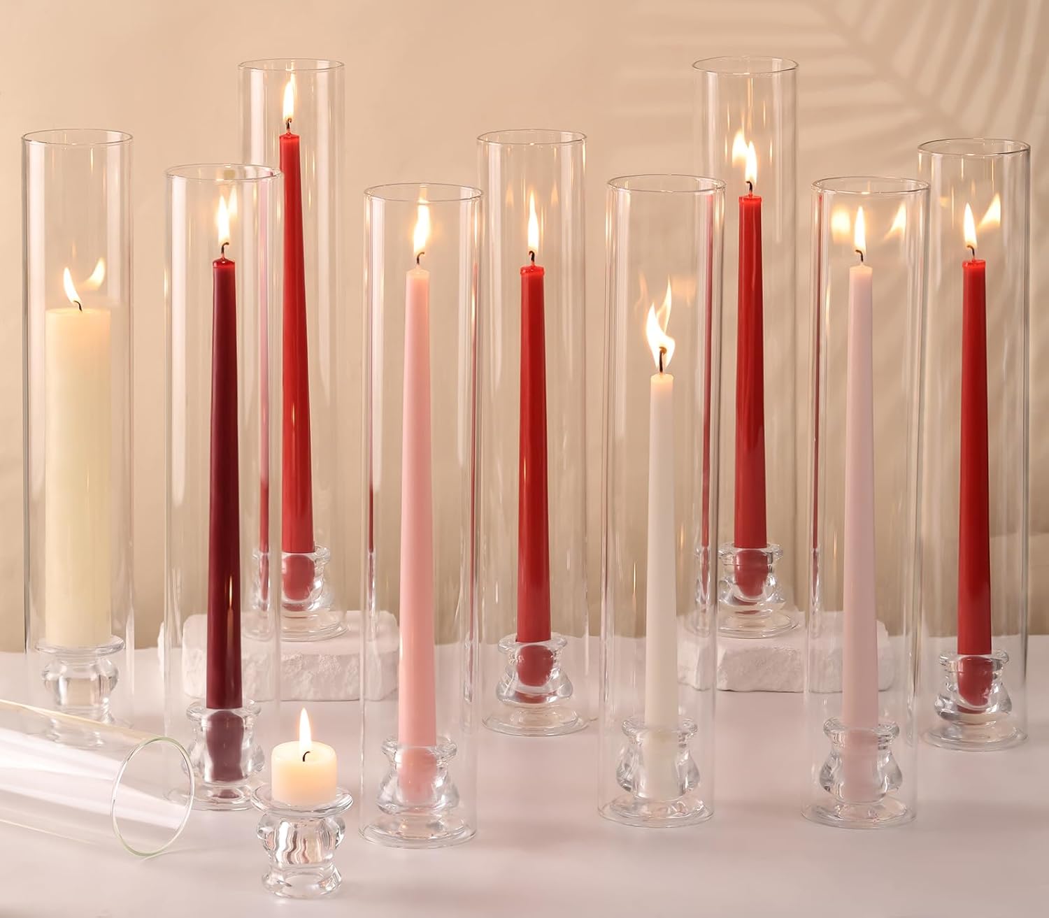 volens hurricane glass candle holders - set of 12 candlestick holders for taper candles with windproof cylinder covers 14" tall clear glass chimney cover for wedding table centerpiece fall home decor 2.5"d-14"h --12pcs+12pcscandlestick holder