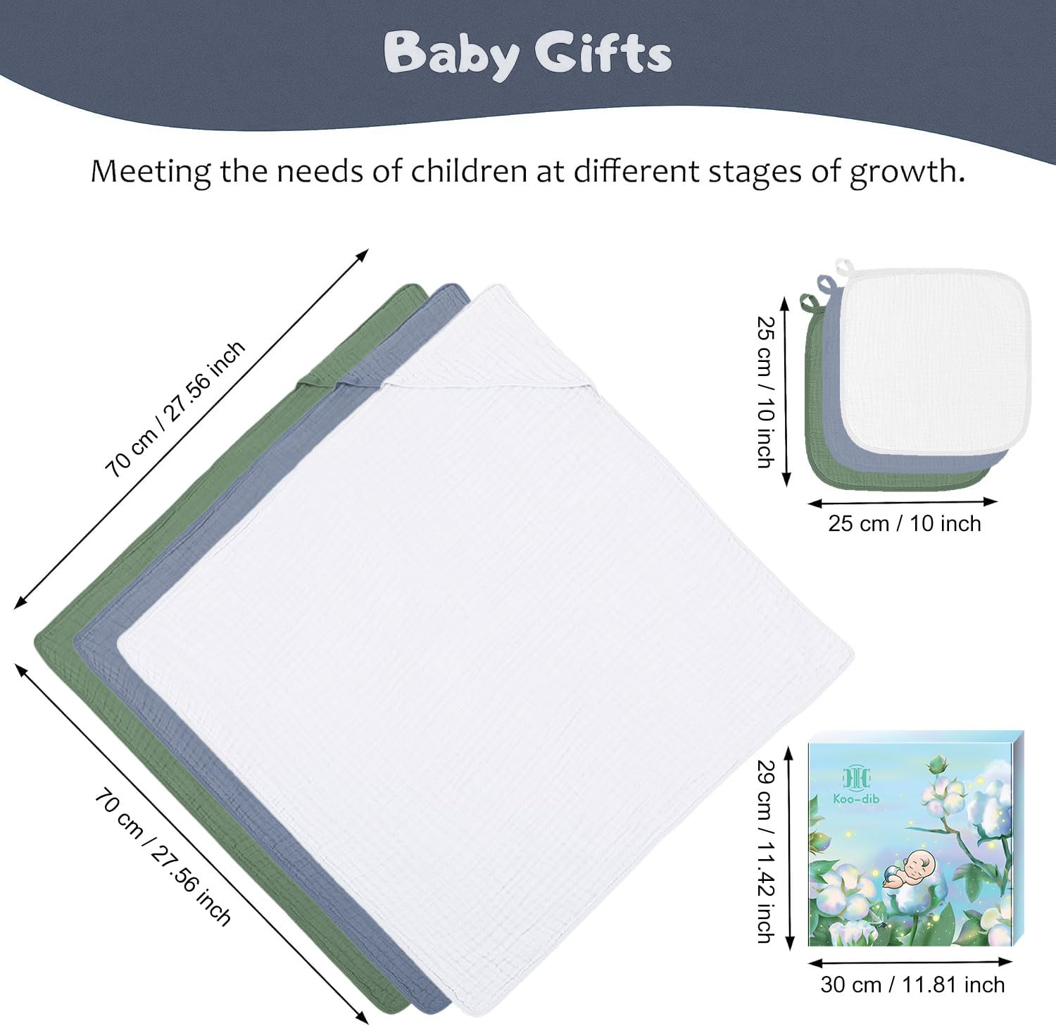 Accappatoio Neonato 0-3 Mesi E 6-12 Mesi Con 6 Asciugamano, Quadrotti Cotone E Mussole Cotone, Ideale Regalo Per Femmina E Maschio, 70x70 CM (Blu & Verde & Bianco)