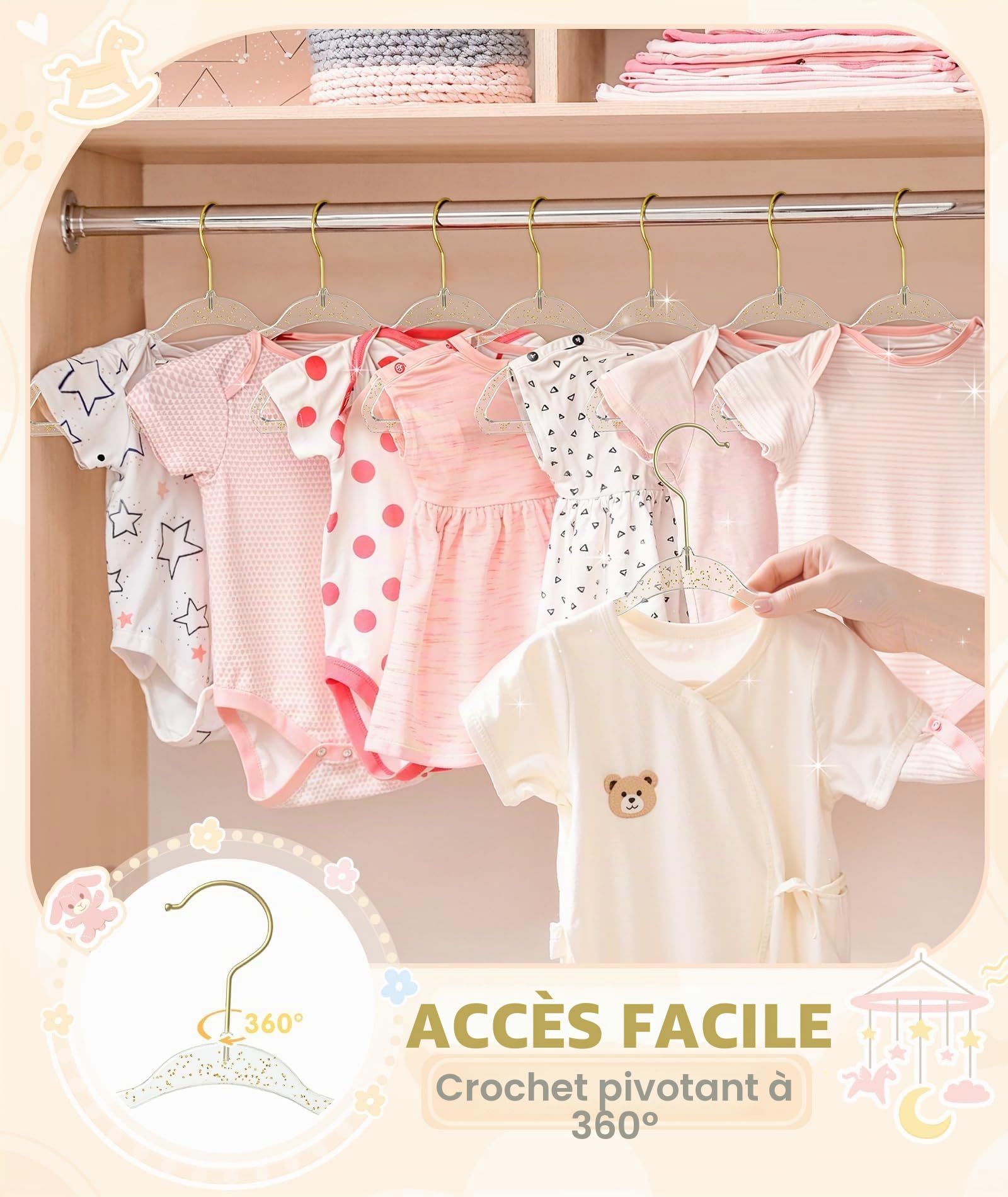 WJWSKI Cintre Enfant, Cintre Bebe Transparent avec Petites Paillettes, Lot de 20 Cintres pour Enfants Ultra Mince et Économie d'Espace, Cintres pour Enfant avec Petites Rainures sur Les Épaules