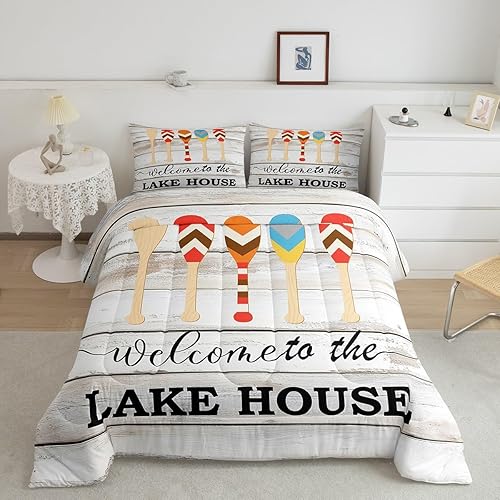 Miniatura 5 de Juego de edredón de cama rústico de casa de lago, tamaño Queen, juego de ropa de cama de microfibra súper suave con rayas de madera blancas retro
