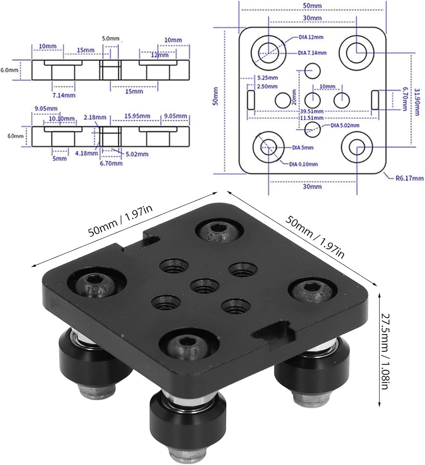 4 Pack Small V Wheel Plate, Gantry Rod Plate with Wheel, Mini V Wheel Support Plate for 2020 Aluminum, CNC and 3D Printer Parts, Black Wheel