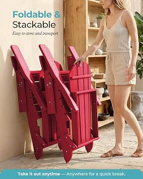 Ciokea Folding Adirondack Chair Wood Texture, Patio Adirondack Chair Weather Resistant, Plastic Fire Pit Chair with Cup Holder, Lawn Chair for Outdoor Porch Garden Backyard Deck (Red)