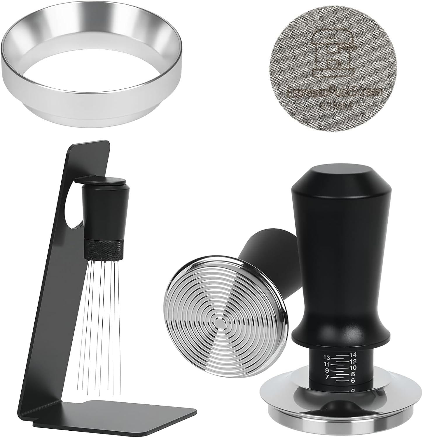 53mm Espresso Tamper Kit – Dual-Spring Calibrated Coffee Tamper, 8-Needle WDT Tool Espresso Distribution Tool, Magnetic Aluminum Dosing Funnel, Reusable Puck Screen, Fit Breville 54mm Portafilters
