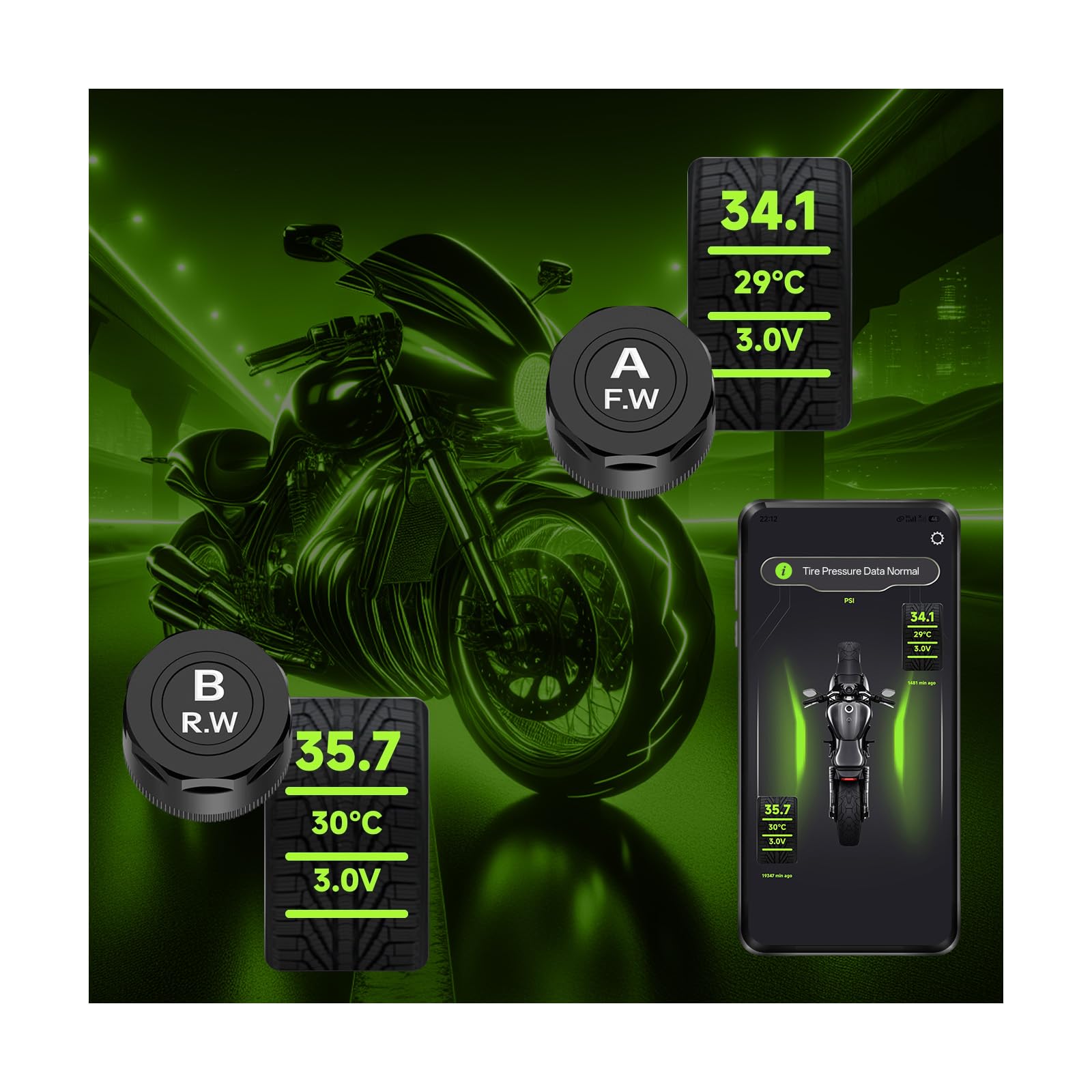 Sistema di controllo della pressione degli pneumatici TPMS per moto, connessione wireless Bluetooth 5.0, visualizzazione della pressione degli pneumatici e della temperatura in tempo reale con allarme