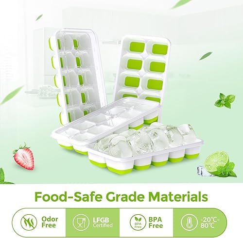 Miniatura 2 de DOQAUS Bandejas para cubitos de hielo, paquete de 4, bandejas flexibles de silicona de fácil liberación y 14 cubitos de hielo con tapa extraíble