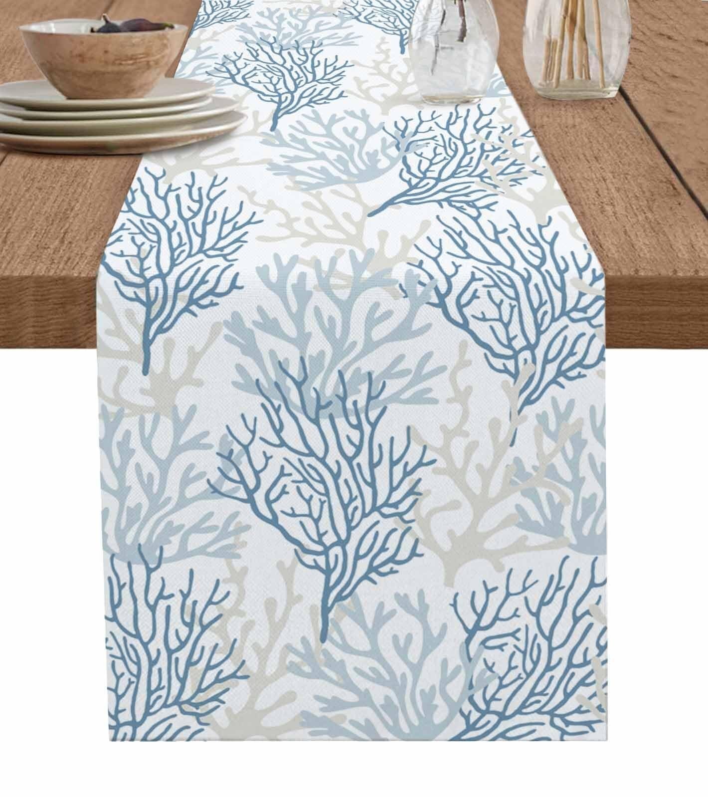 Chemin de Table en Coton et Lin Bleu Corail 13"x60" - Parfait for Une décoration sur Le thème de la Plage en été(Blue Grey Coral,13x60 inch)