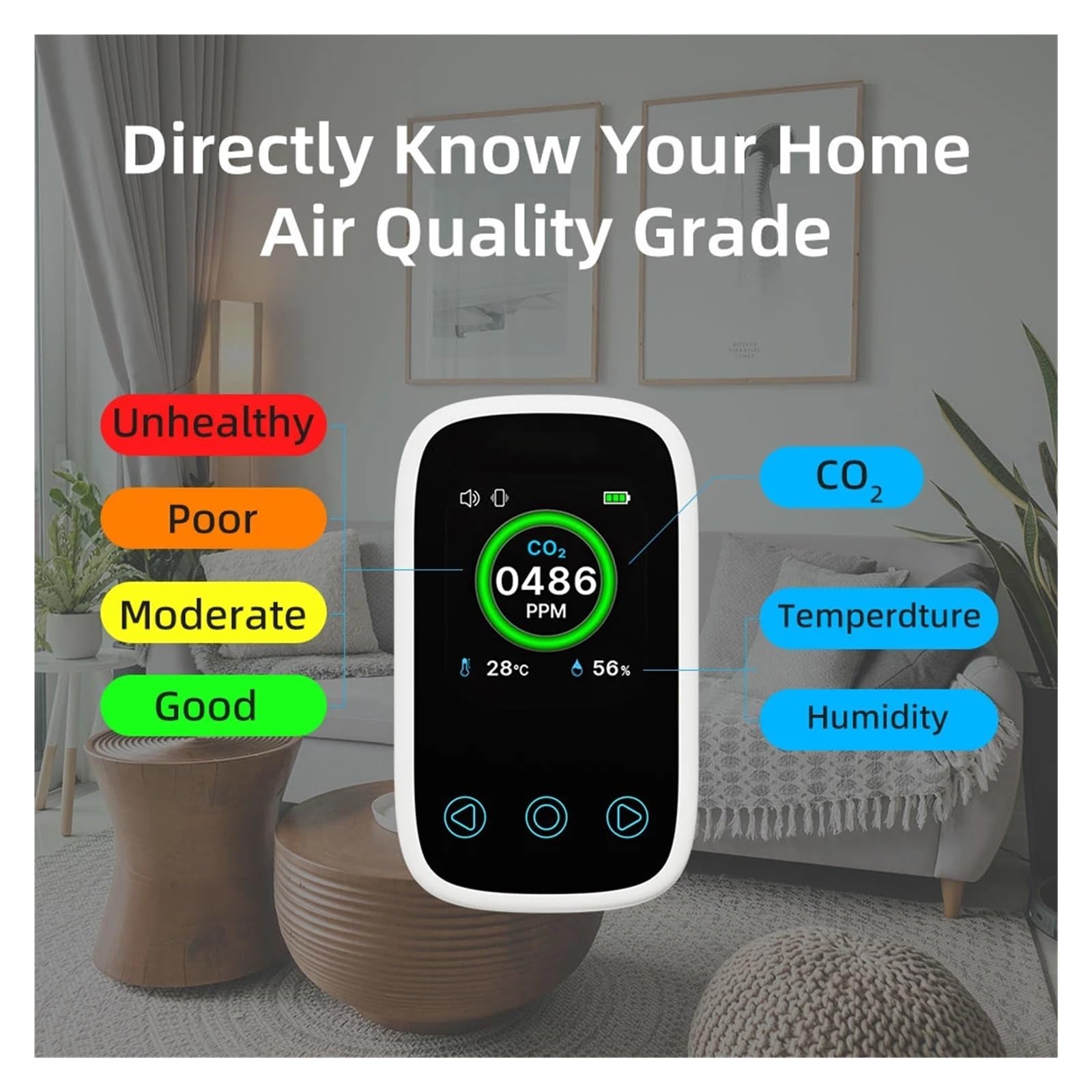 Détecteur de gaz, Détecteur de qualité l'air Portable, détecteur dioxyde Carbone, Moniteur gaz, CO2, température et humidité