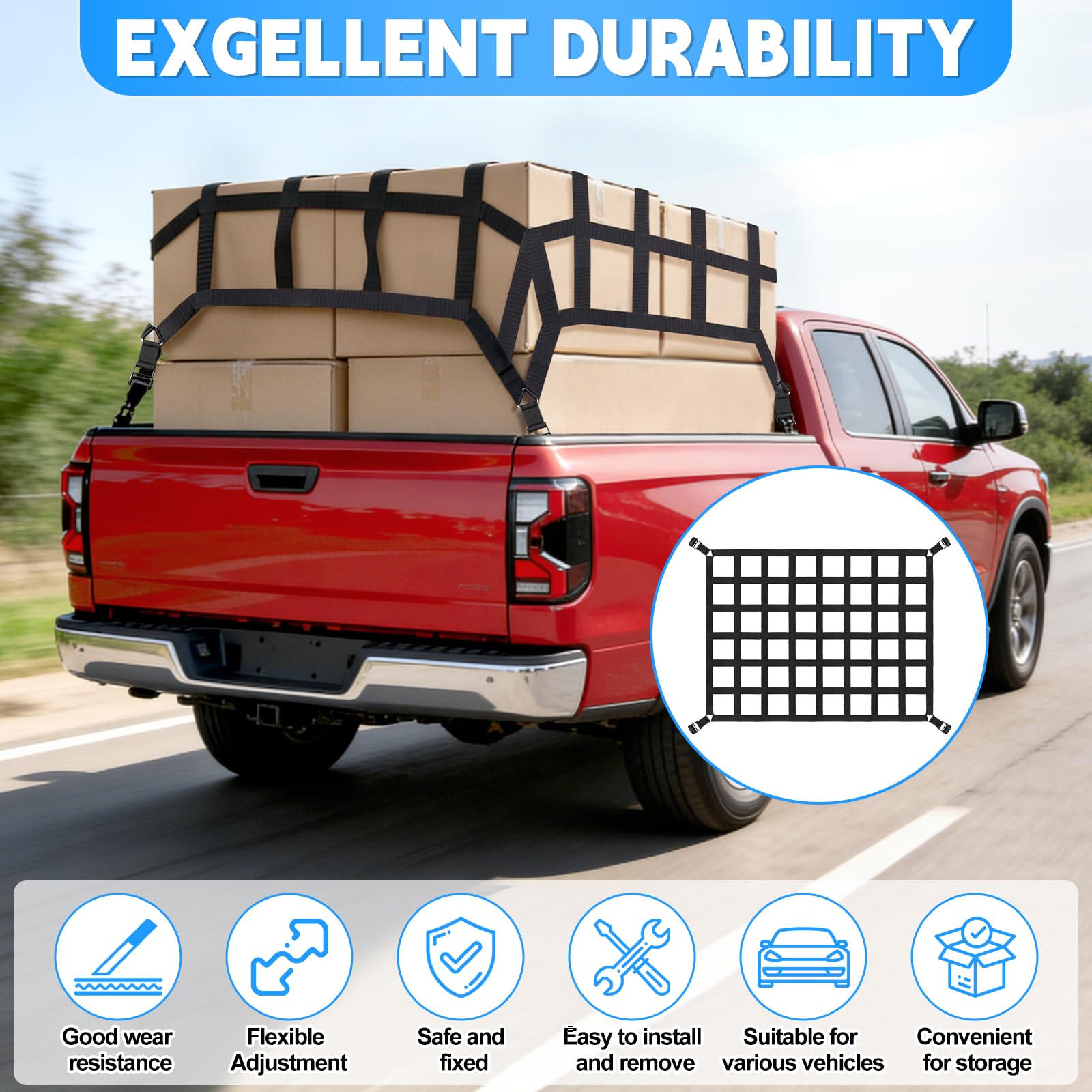 Rete per carico, 208 x 127 cm, rete per bagagliaio per pickup e camion, superficie di carico/portellone posteriore, 4 cinghie regolabili e 2 corde elastiche, con gancio a S