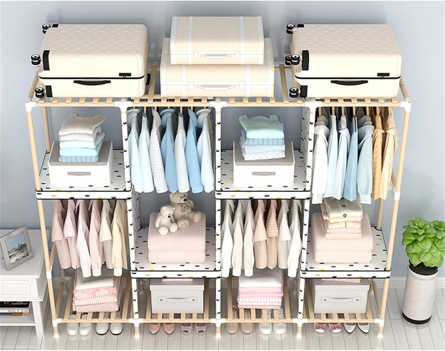 Girl's Wardrobe, Creativity Multifunction Bedroom Closet White Fabric Wardrobe Rail Solid Wood Partition Storage Wardrobe Organiser Shelves(Size:168 * 170 * 45CM) (168 * 100 * 45CM)