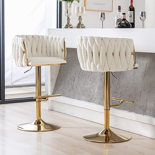 Miniatura 7 de LukeAlon Juego de 2 taburetes de bar giratorios de terciopelo, sillas de bar modernas de altura ajustable con base dorada, respaldo tejido con