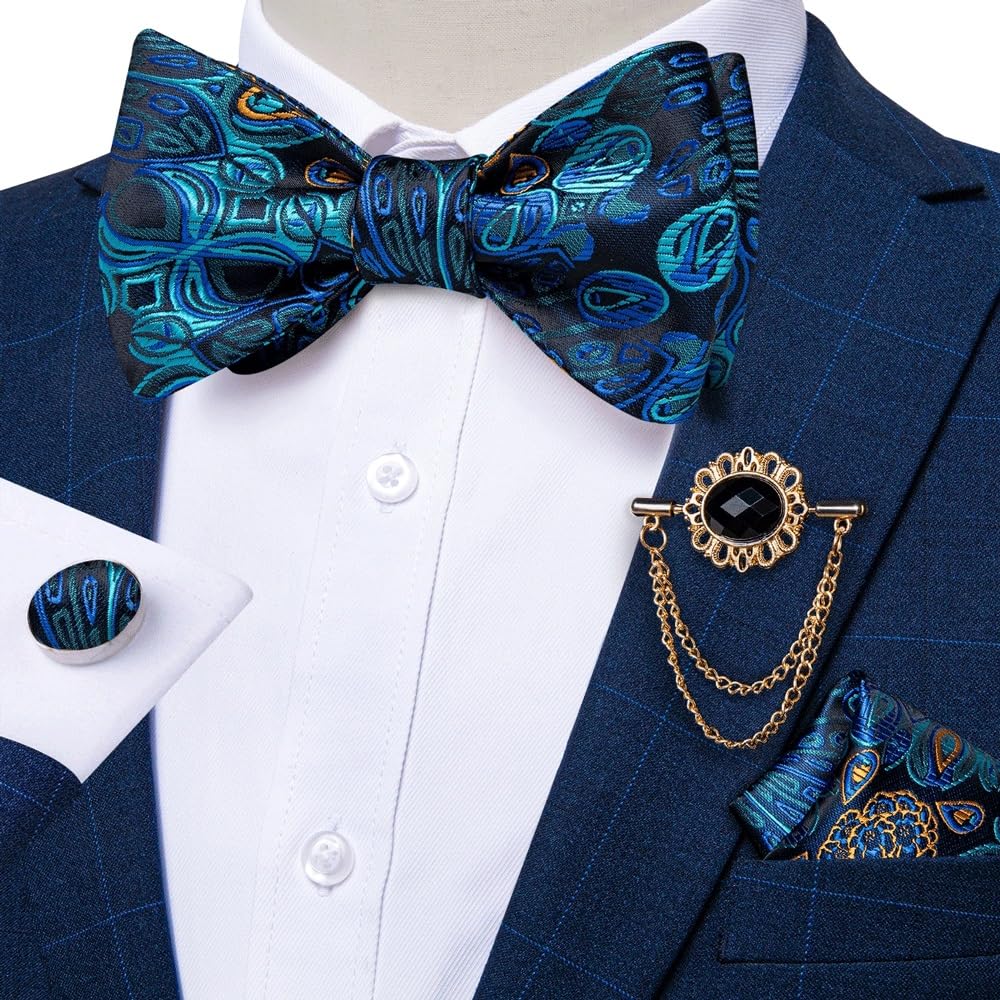 JFDBGU Business Wedding Party Bowtie Paisley Silk Bow Tie Pocket Square Brooch Pin Set Tie