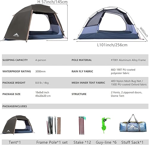 Miniatura 4 de ThreeBears - Tienda de campaña para 4 personas, impermeable, fácil de instalar, espacioso para aventuras familiares al aire libre, senderismo y