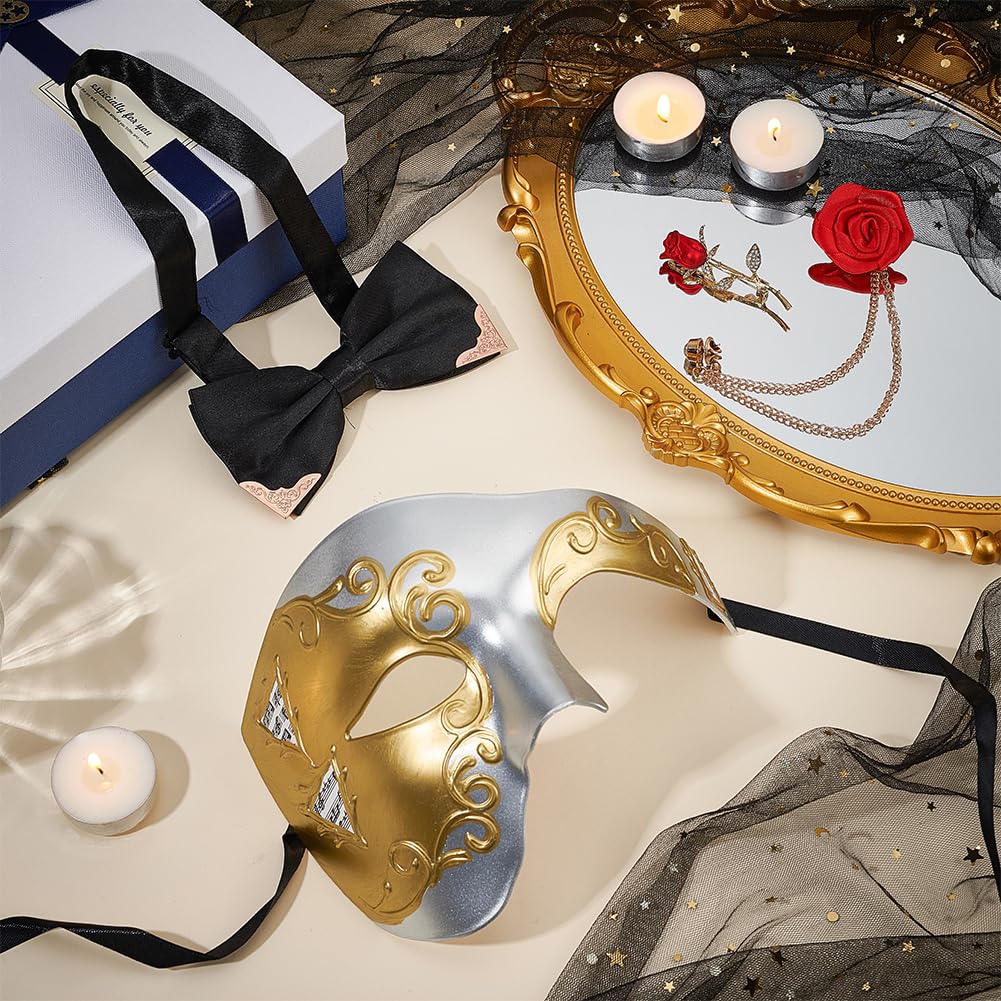 OLYCRAFT Silver and Gold Mens Masquerade Mask Classical Masquerade Mask for Men with 1pc Bowtie and 2pcs Red Rose Brooch Accessories for Halloween Costume Party Mardi Gras Mascarade Ball - Image 4