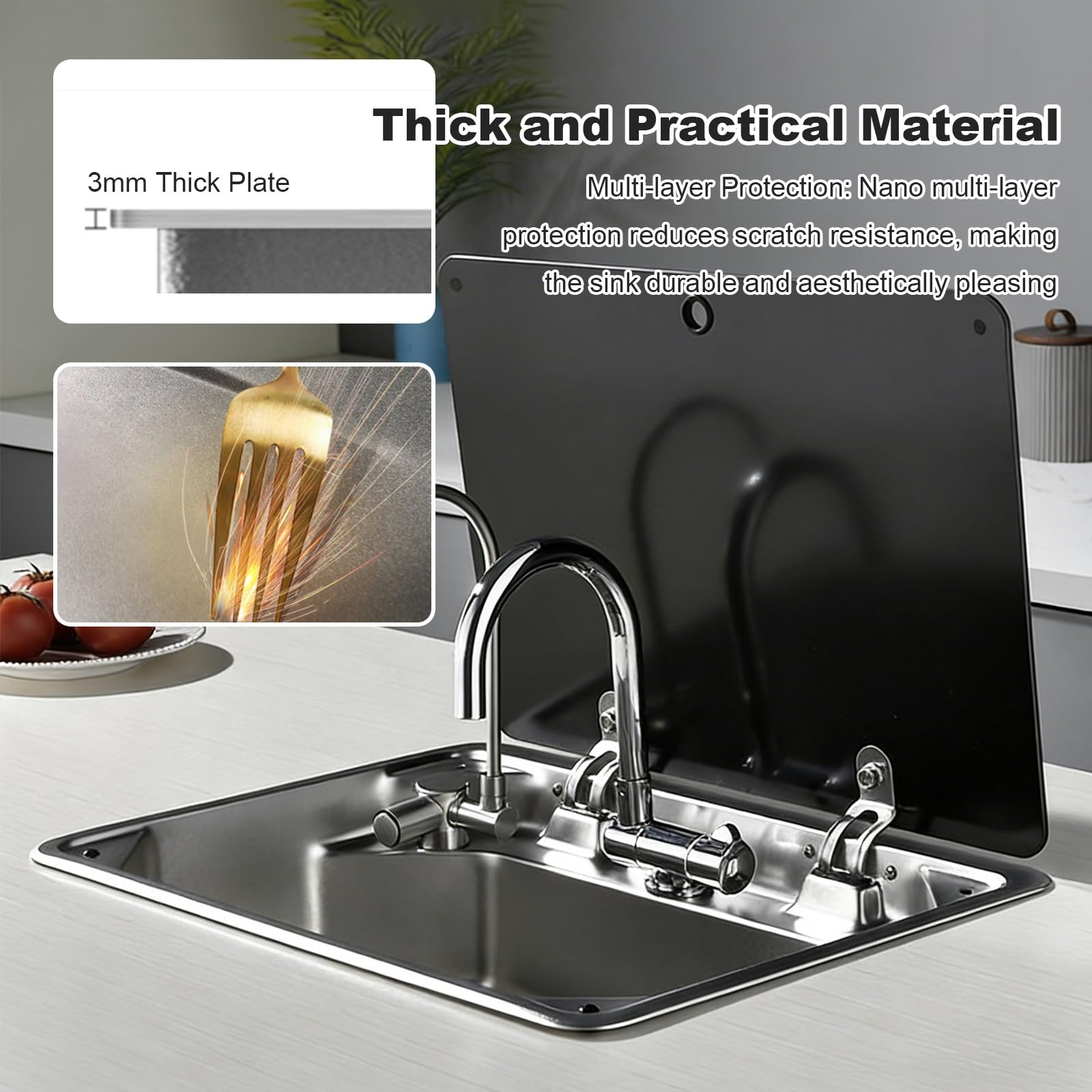 Fregadero de Cocina para Autocaravana con Tapa, Fregadero de Acero Inoxidable 304 para Montaje Bajo Encimera con 2 Grifos Plegables para Barco, Yate, Remolque, Cocina Pequeña