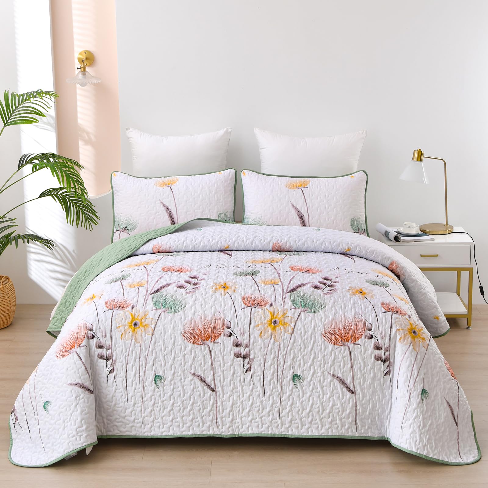 Dinjoy Twin Quilt Set, Cute Floral Bedspreads, 2 Pieces Fall Bedding Set