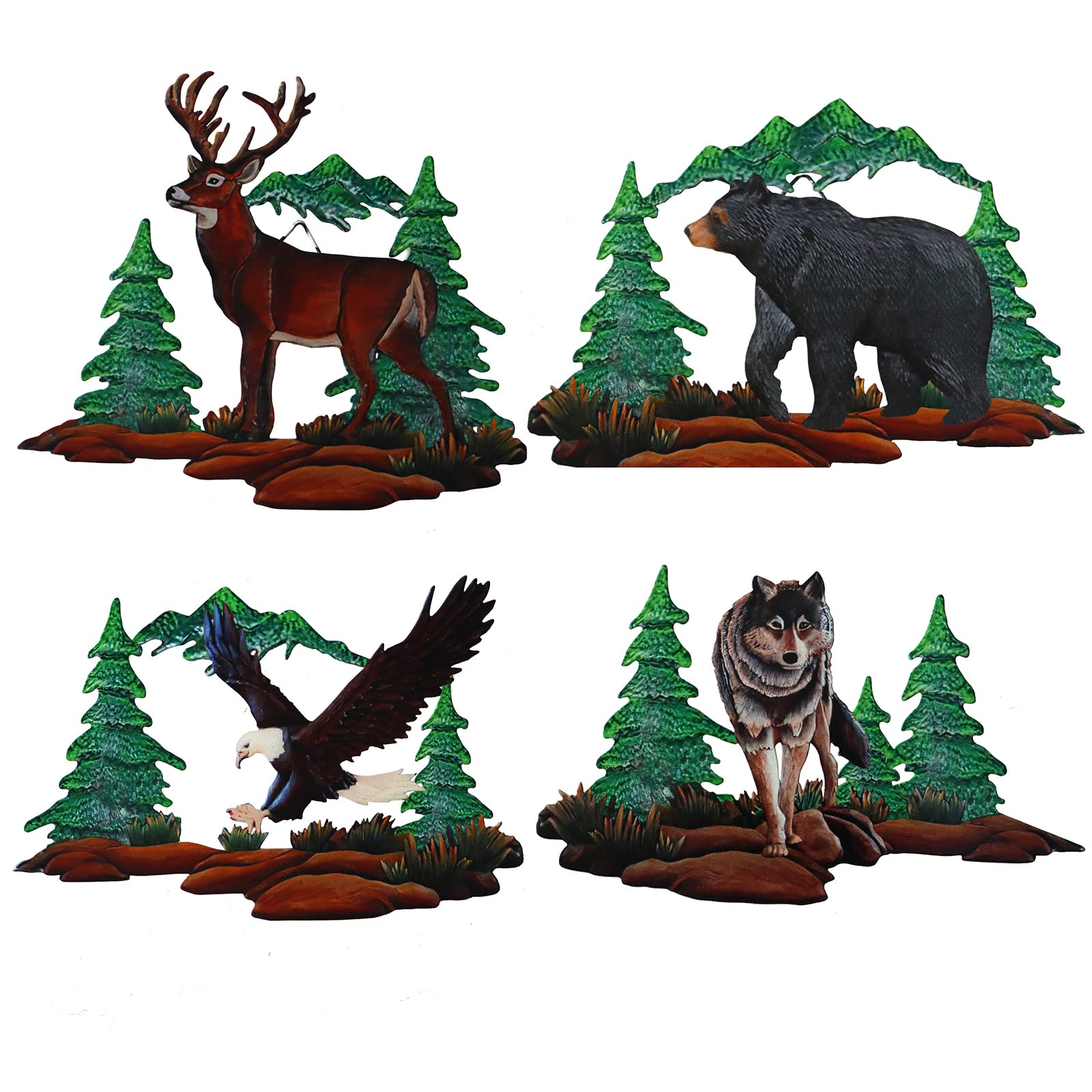 BVLFOOK 4 Pieces Metal Wall Art Wolf Moose bear eagle Wolf Tree Wall Decor Hanging Forest Decor Rustic Cut Metal Art Metal Wall Decor for Home Bedroom Office Outdoor Decorations