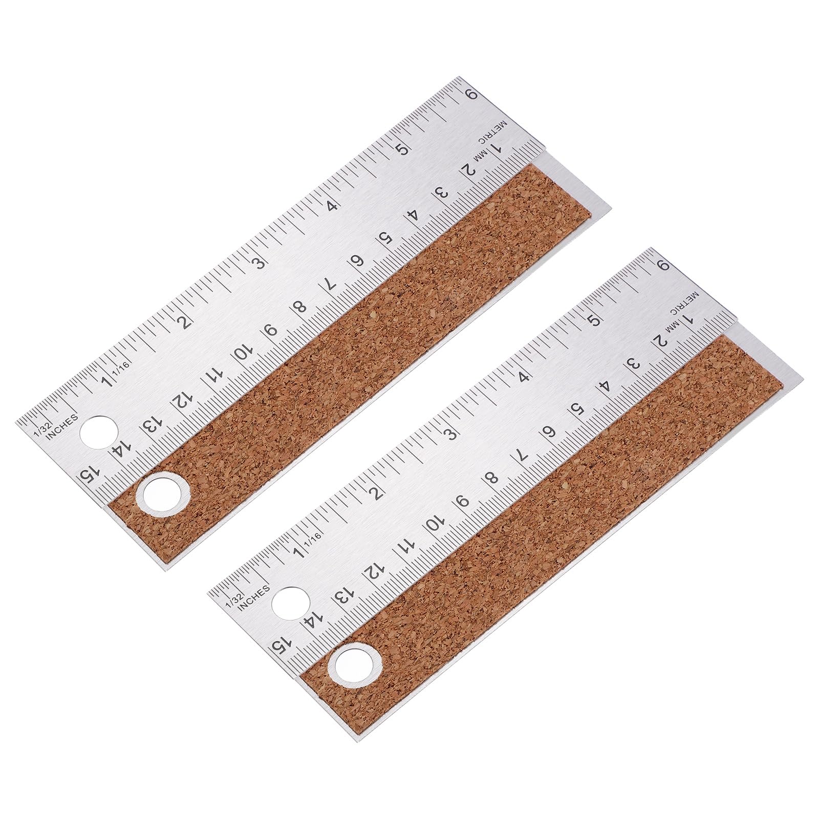sourcing map 2pcs Stainless Steel Rulers with Cork Backing 15cm/6" Inch and Metric Precision Metal Ruler Straight Edge Measuring Tool for Office Engineering Tools