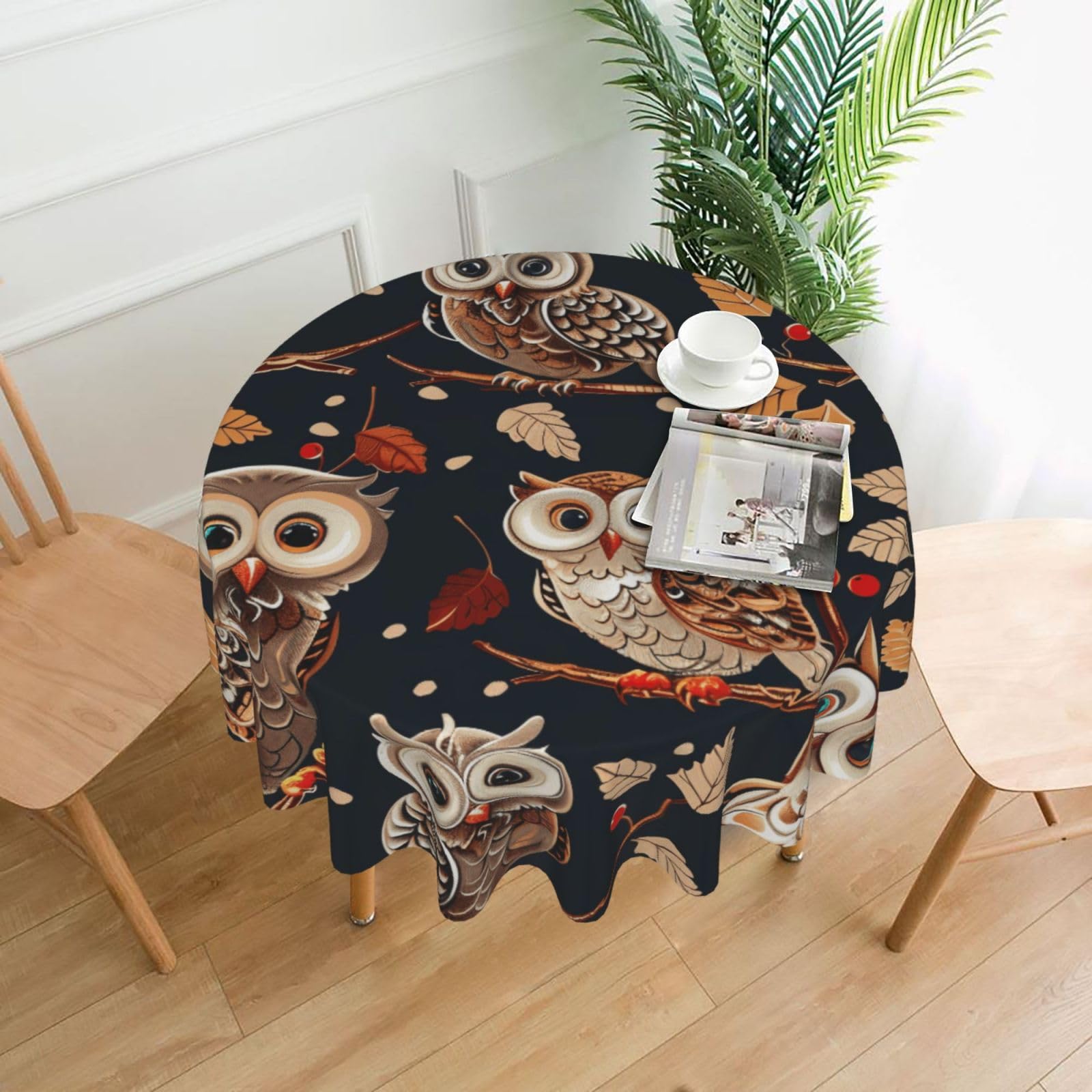 WPKJU Owls on Tree Branche Printed Round Tablecloth 60 in Water Resistant Table Cover Washable Table Cloth for Dining Tables
