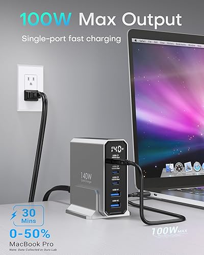 Miniatura 9 de TOPADRE Bloque de cargador USB C de 140 W, estación de carga múltiple rápida GaN con pantalla digital, cargador USB C para laptop MacBook ProAir,
