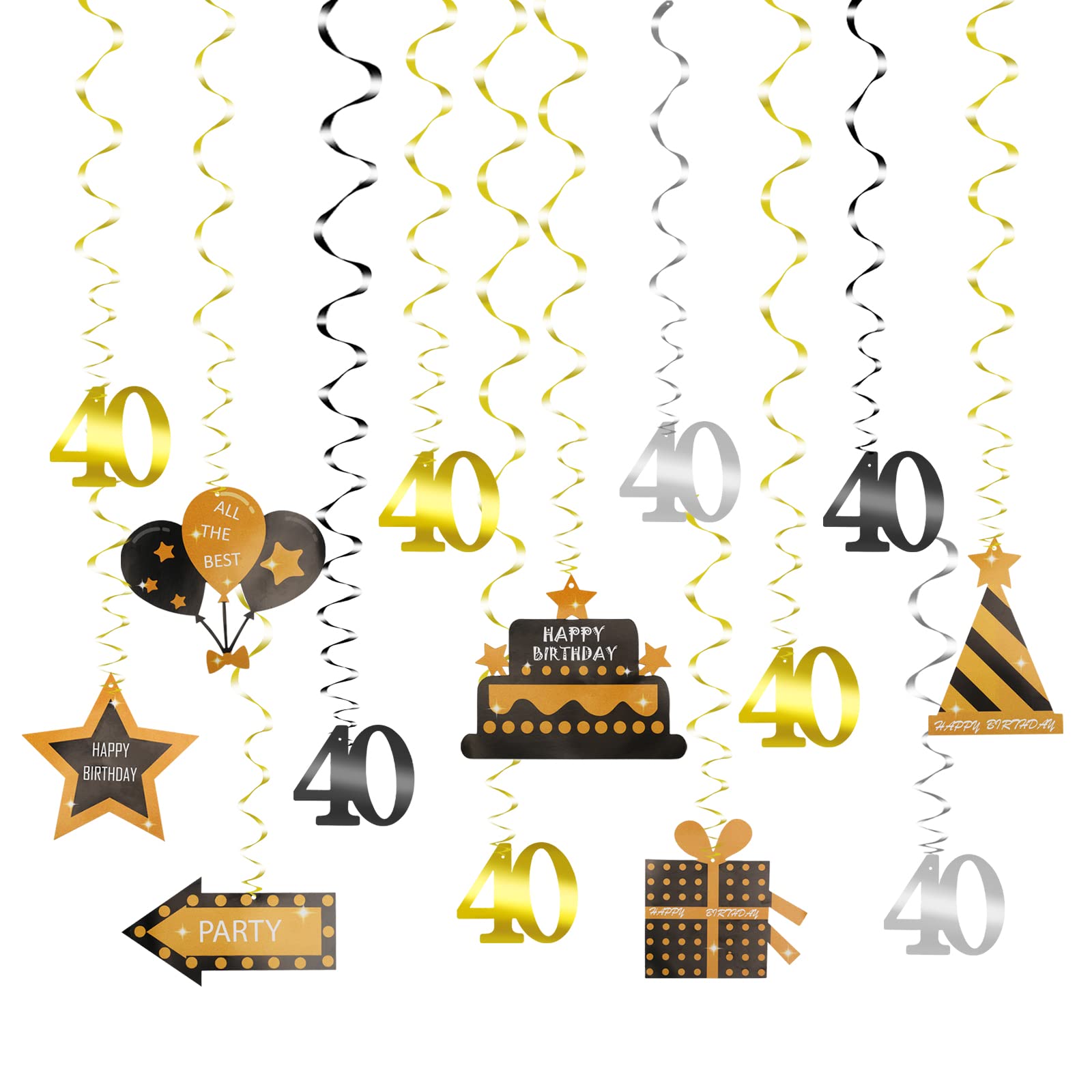 14 Pieces 40th Birthday Party Decorations TAROME 40th Birthday Party Hanging Ceiling Swirls Black Gold Shiny Foil Swirl for 40 Years Celebration Birthday Party Supplies Decor