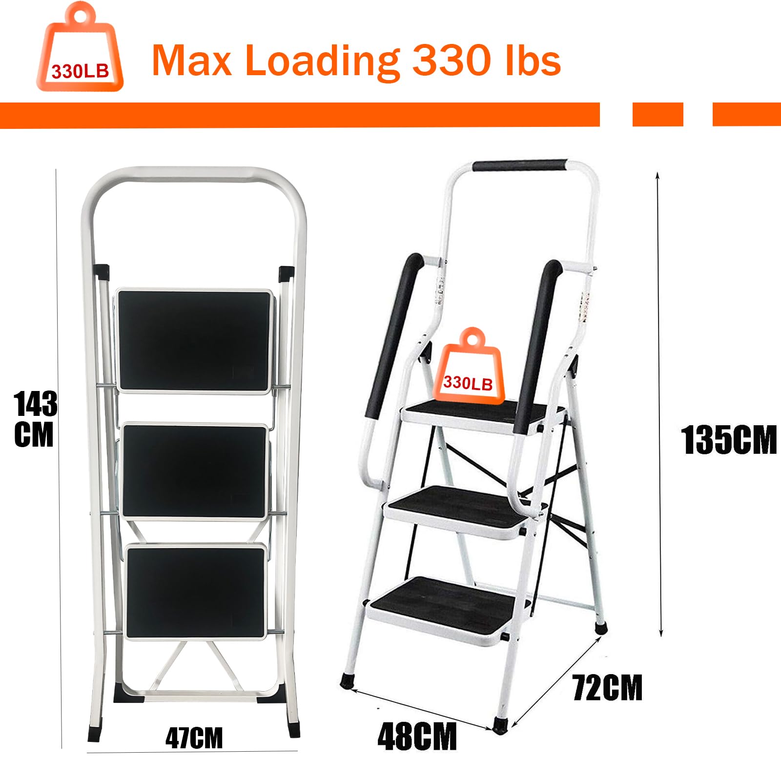 Trittleiter 3 Stufen klappbar,Klappleiter mit Haltegriff, Leiter mit Anti-Rutsch-Stufen, einfach zu verstauen, bis 150 kg belastbar, aus Stahl für Haushalt, Garten & DIY