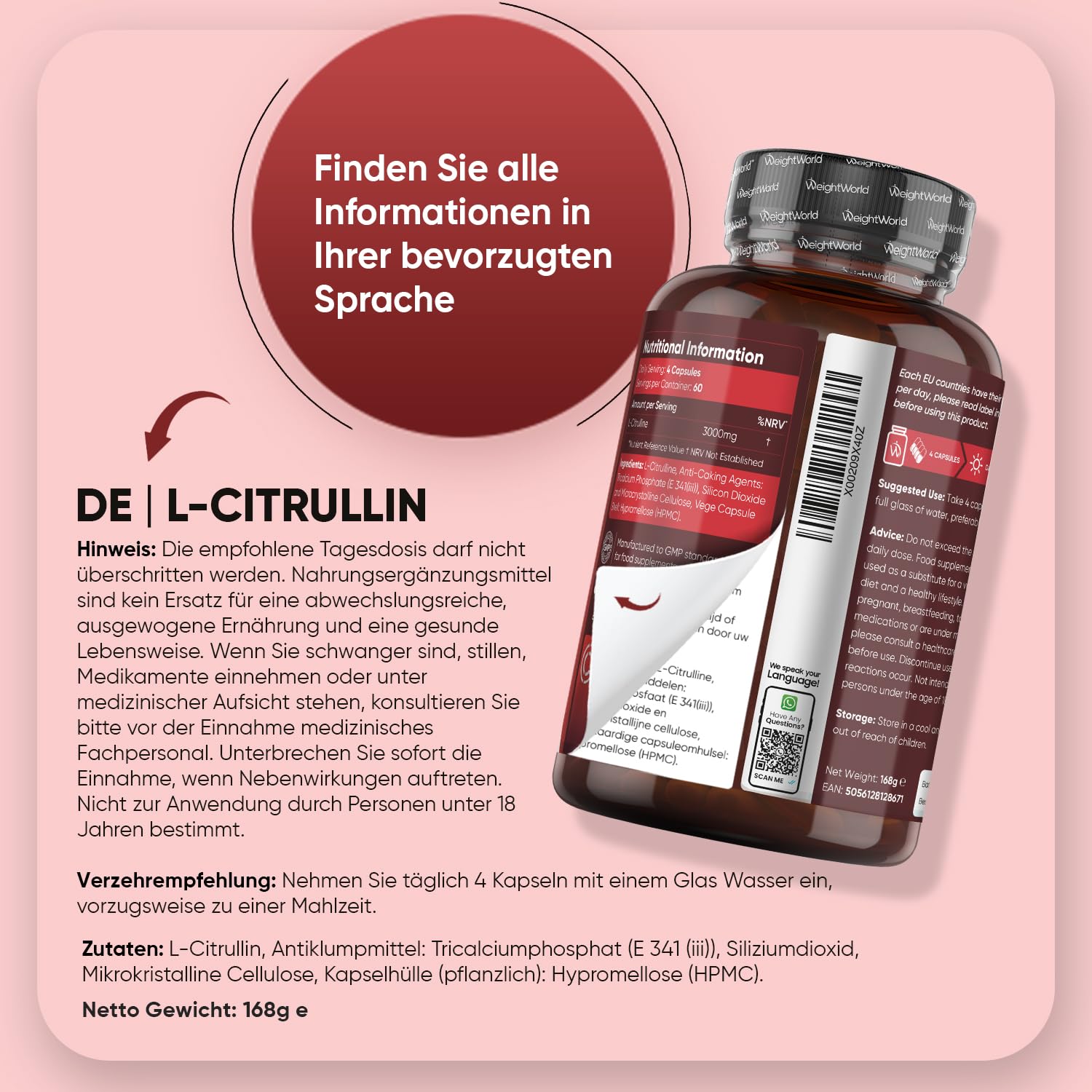 L-Citrullin 3000mg pro Portion - 240 vegane Citrulline Kapseln - 4 Kapseln täglich - Frei von Magnesiumstearat & Gentechnik - WeightWorld
