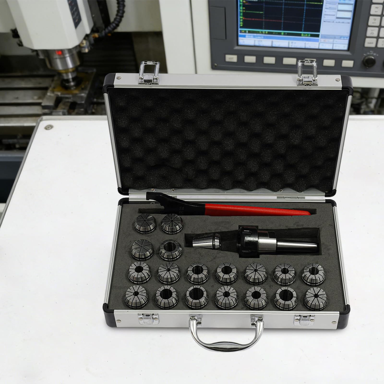 Set Pinze Molla Precisione ER32 19 Pezzi, Mandrino Portautensili Precisione 0.015Mm, Serraggio 2-20Mm, Trattamento Termico, Per Fresatrice CNC Tornio Incisione, Kit Completo Con Chiave E Scatola