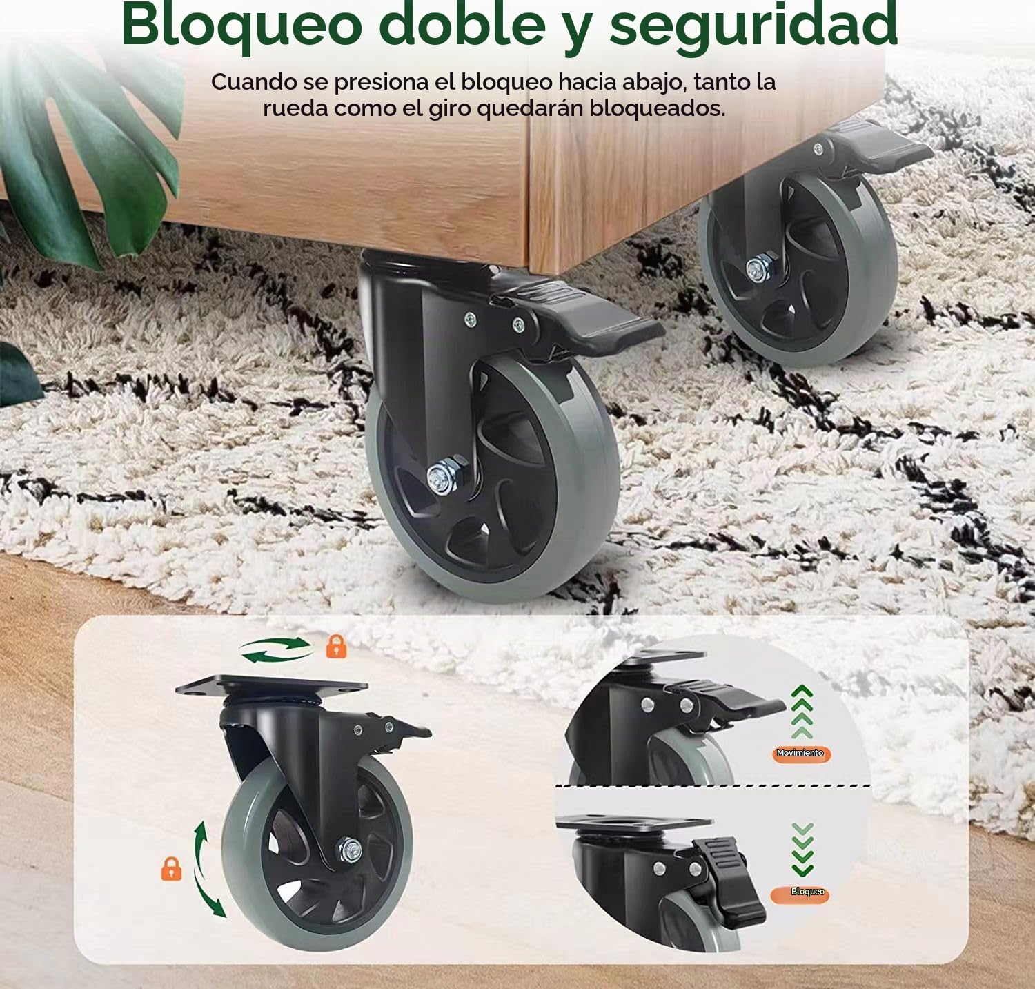 4 Ruedas para Muebles con Freno 125MM Ruedas Pivotantes, Ruedas de Placa Industriales Giratorias 360°, PU Ruedas No Dejan Marcas Hasta 800kg