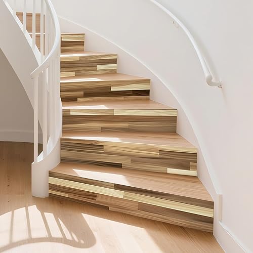 PLIGREAT 15 Strips Brown Wood Pattern Stair Decals Peel and