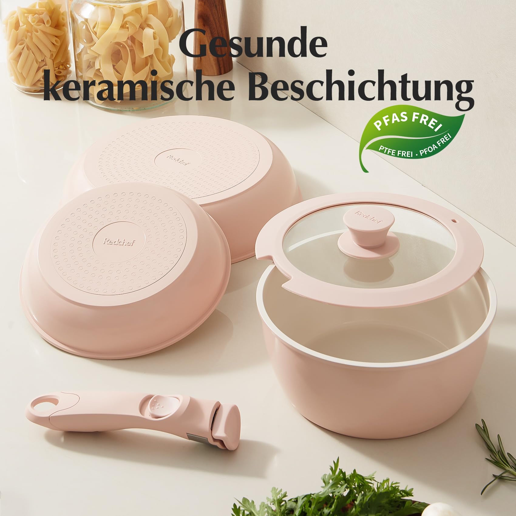 Redchef Set di pentole in ceramica con manico rimovibile, per campeggio, ceramica, non tossico, senza PFAS, senza PFOA, salvaspazio, lavabile in lavastoviglie, colore: rosa