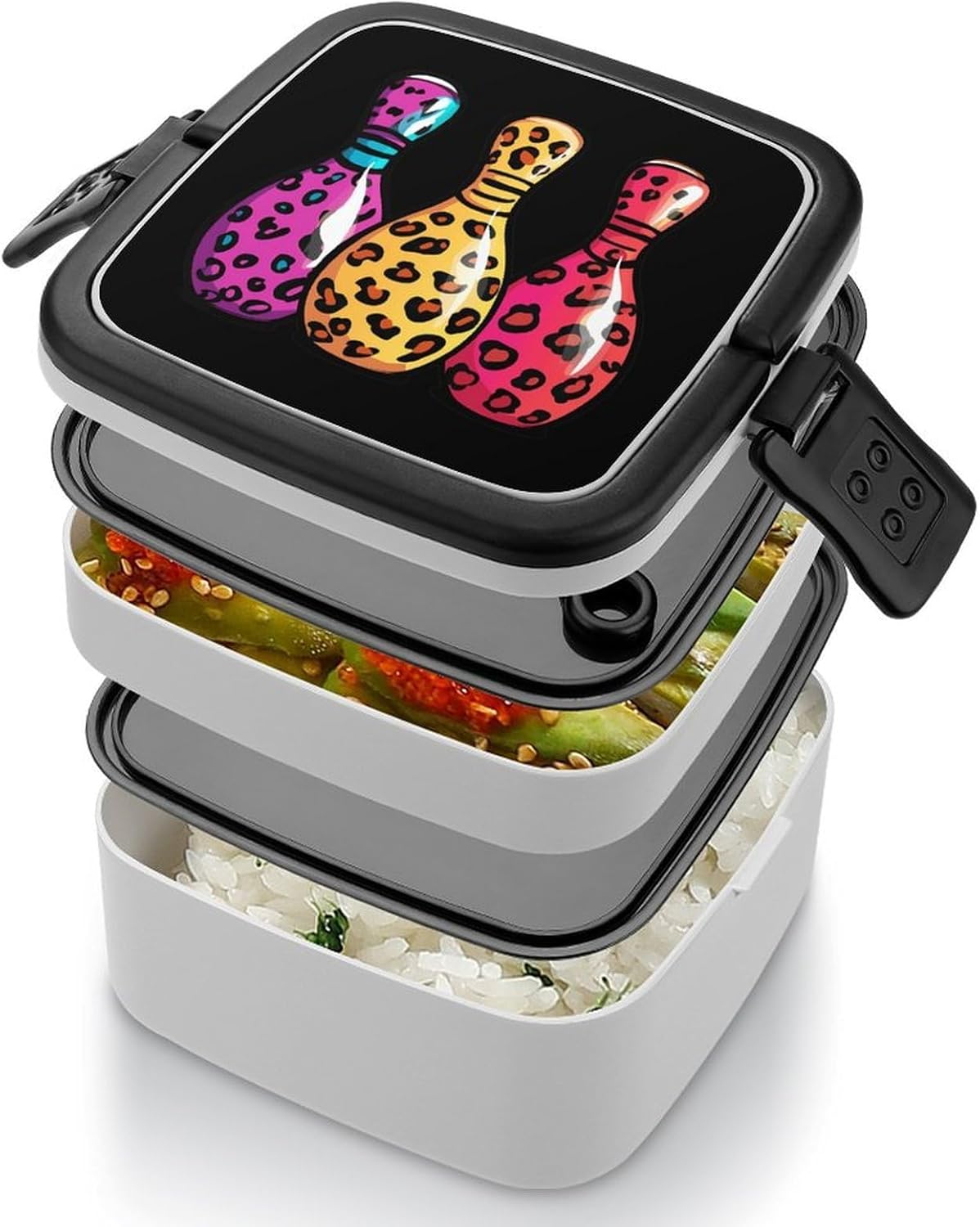 Bowling Pins Leopard Sport Bento Box with Spoon 2 Layer Food Container Cute Lunch Box for Travel Dining Work