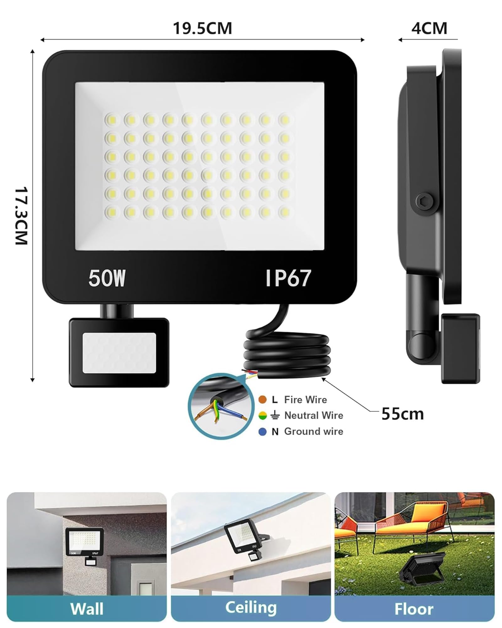 Projecteur LED Extérieur avec Détecteur - 50W 5000LM Spot Exterieur Detecteur de Mouvement Blanc Froid 6500K, IP67 Étanche Lampe pour Garage Jardin Entrée Route