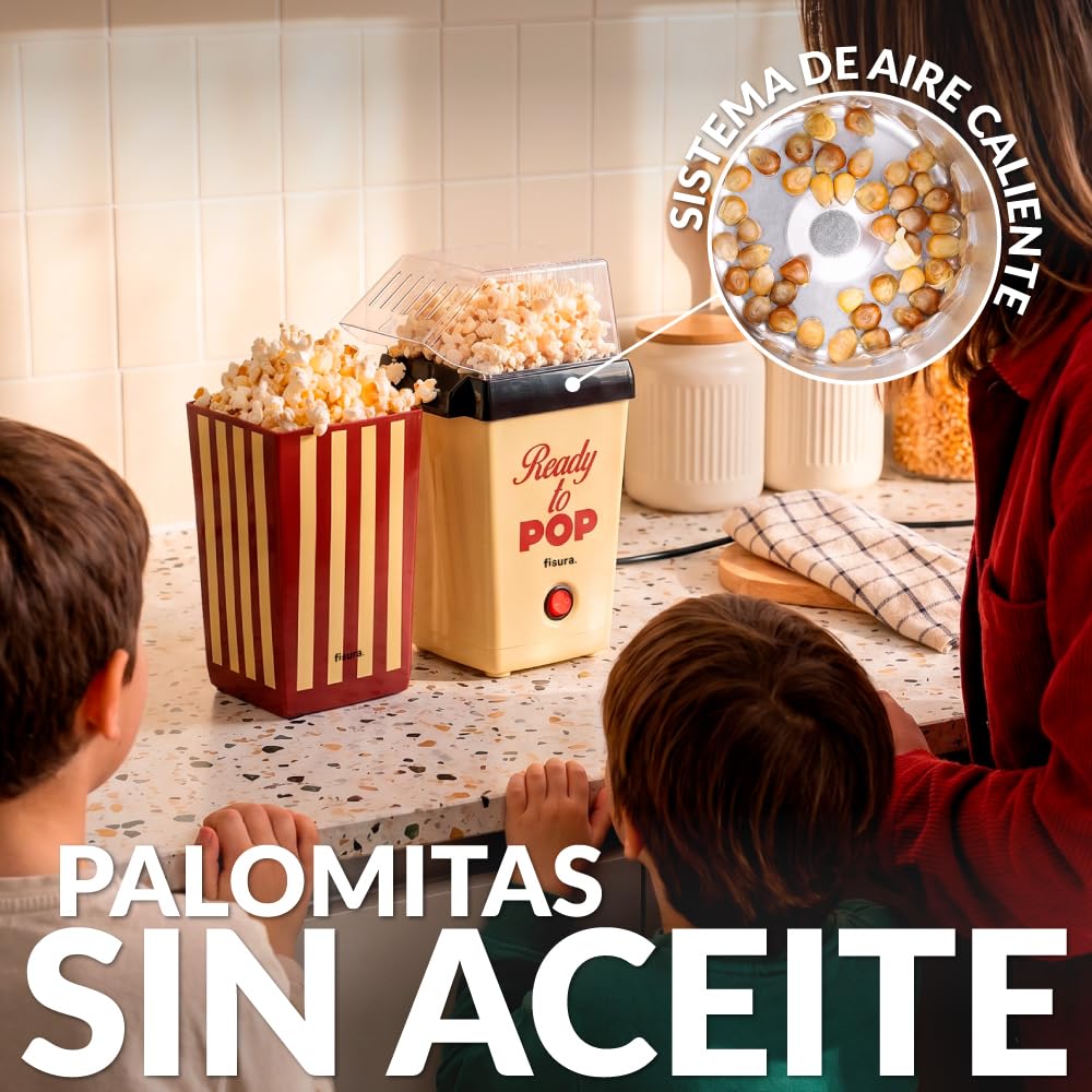 Fisura – Máquina de palomitas original “Ready to pop”. Palomitera eléctrica de aire caliente, sin aceite. Listas en 3 minutos. Incluye cuchara medidora y un cubo de 2 litros.