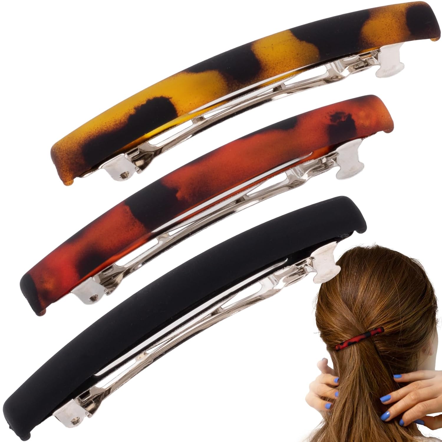 3PCS French Barrette Hair Clips for Women, 2.5 Inch Small Tortoise Shell Hair Clip, Curved Frosted Thin Hair Flat Hair Accessories for Women (3 Colors) - Style 3