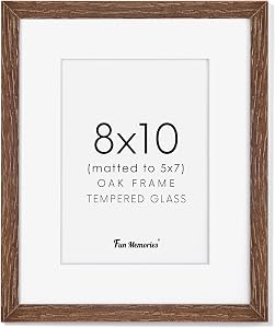 8x10 Picture Frame, Solid Oak Wood Picture Frames, 8 x 10 Wooden Photo Frame for Wall or Tabletop Display, Tempered Glass, 8x10 Frame Matted to 5x7